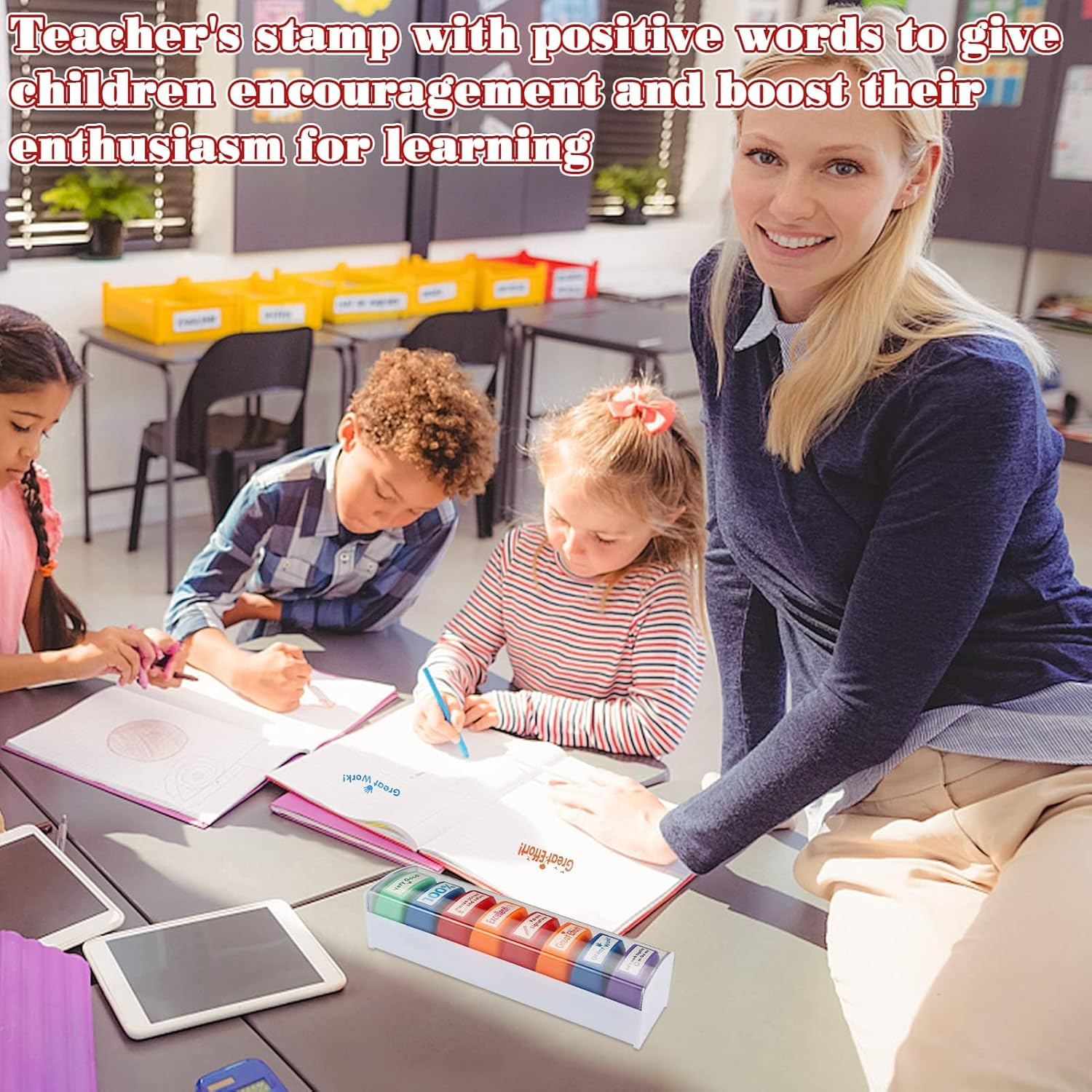 8Pcs Teacher Stamps for Classroom Teacher Supplies Self-Inking Grading Stamps Encouraging Comments for Parent Signature School Teachers Review Feedback Homework Reward Colorful Stamp with Tray image number 6