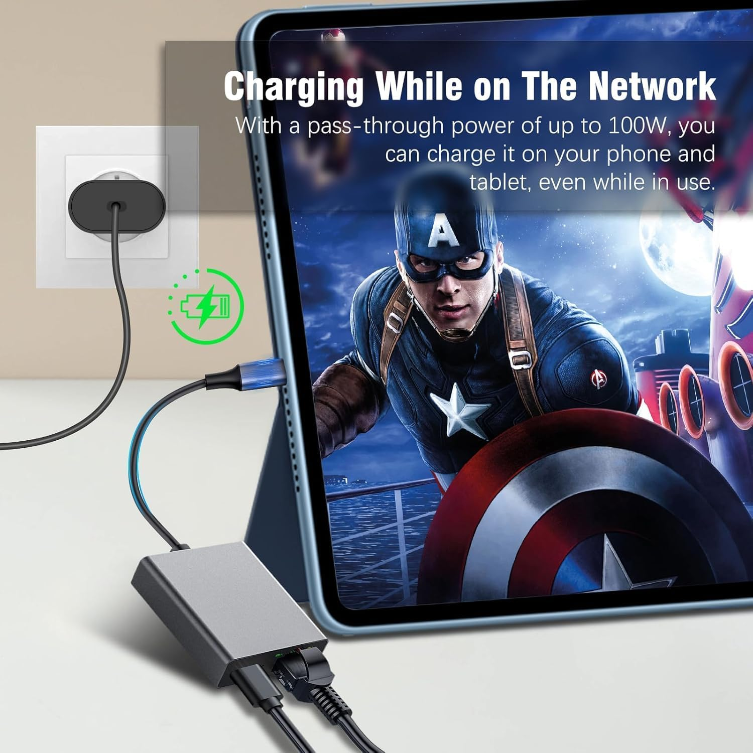 USB C/Ethernet Charger Adapter (Provides Connected Devices with up to 100W Power and Ethernet Data Rates of up to 1000Mbps) USB-C to Ethernet Cable for Macbook Air, Macbook Pro & Windows image number 1