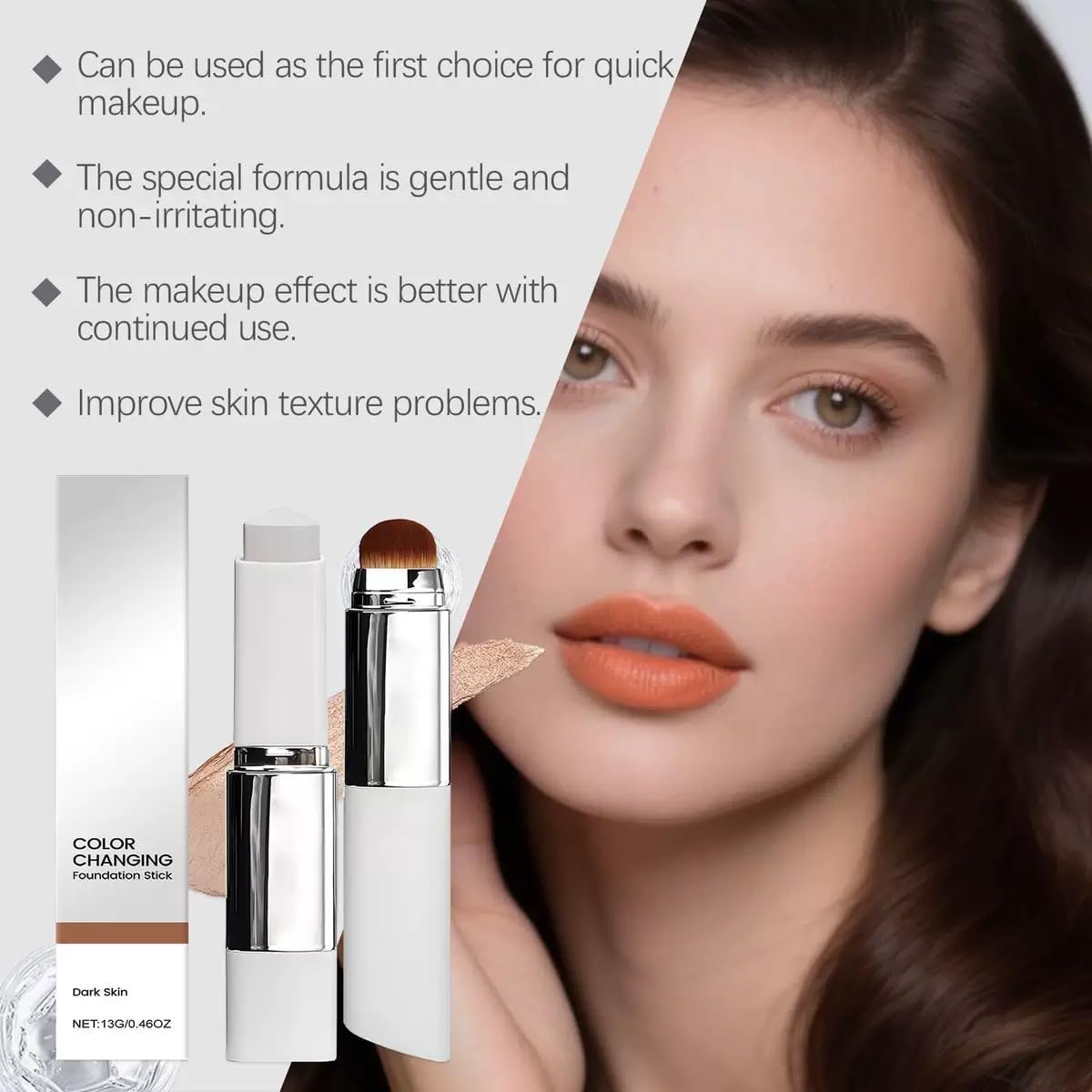 Color Changing Foundation Stick, Dual Head Cover Cream Stick V White, Medium to Full Coverage Dewy Finish Base Makeup with Detachable Brush for a Flawless Look (Natural Color)