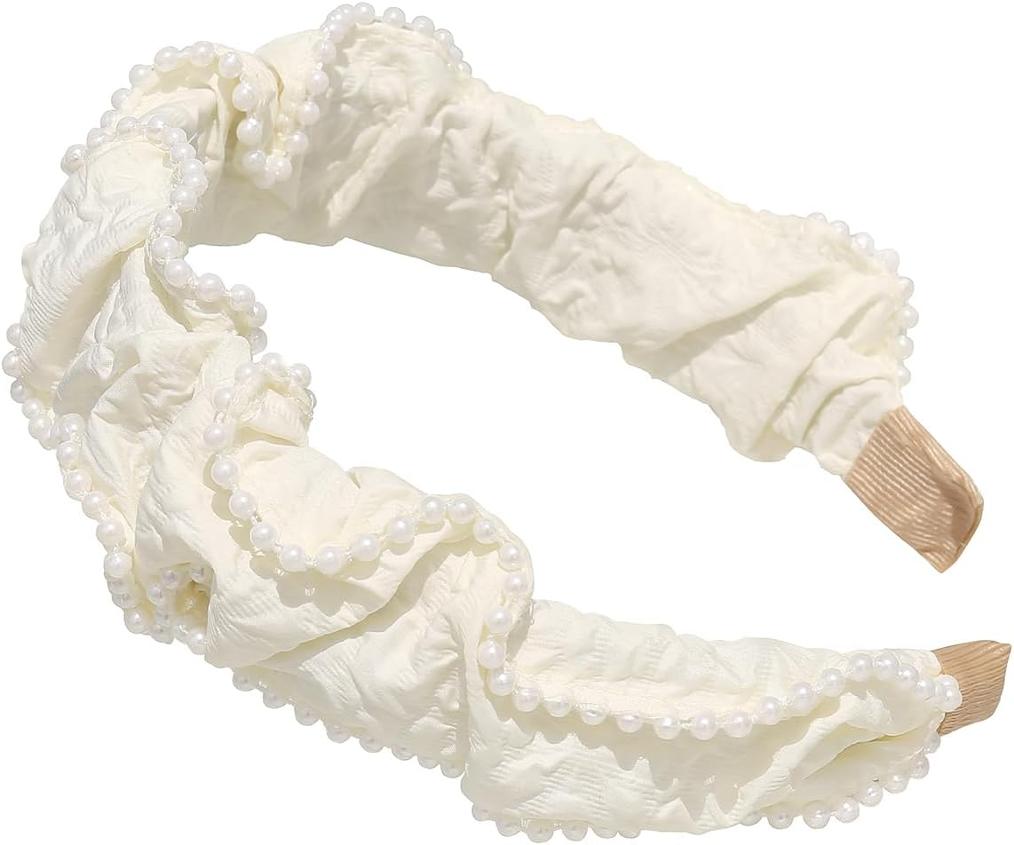 Lislic Women'S White Pearls Pleats Headbands for Women Non Slip, Boho Wide Pearl Cloth Headband, Girls Hair Accessories Christmas Gift (Cream Pleats) image number 5