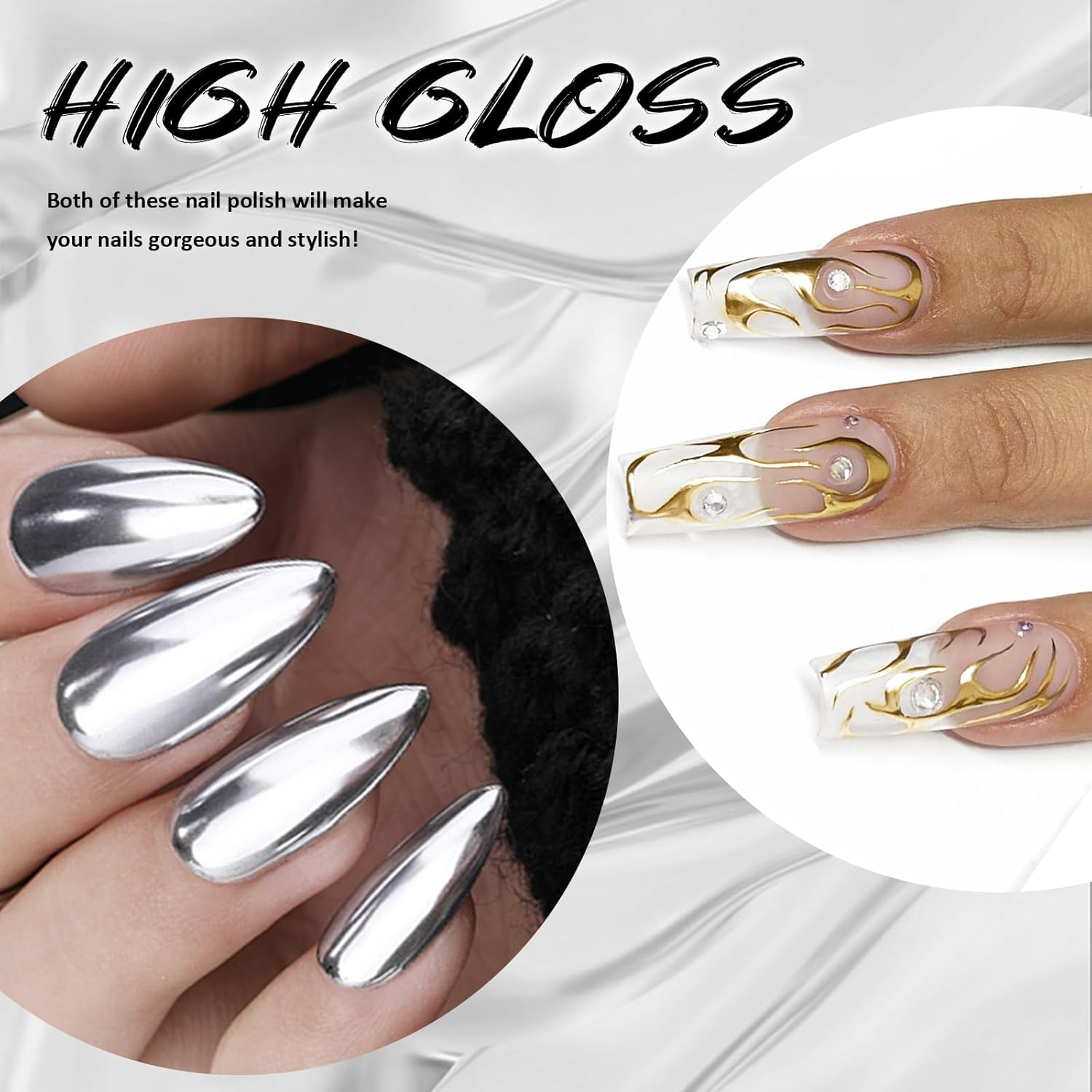 U-Shinein Metallic Mirror Painting Gel Nail Polish, Ultra Mirror Silver & Gold Metal Painted Drawing Gel with Build in Thin Brush, Chrome Gel Polish Nail Art Gel Liner Soak off DIY Nail Art 2X12 Ml - Mirror Silver + Rose Pink image number 3