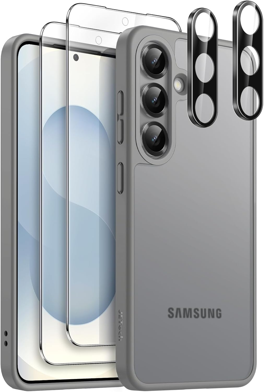 Jetech Matte Case for Samsung Galaxy S25 5G with 2-Pack Each Screen Protector and Camera Lens Protector, 5 in 1 Translucent Back Phone Cover, Tempered Glass Film (Black)