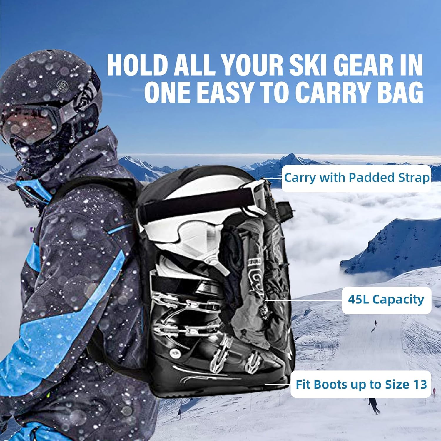 AUMTISC Ski Boot Bag Backpack, Padded Ski Boots and Helmet Bags for Flying Air Travel, Skiing Gear, Goggles, Gloves, Skis & Snowboard image number 6