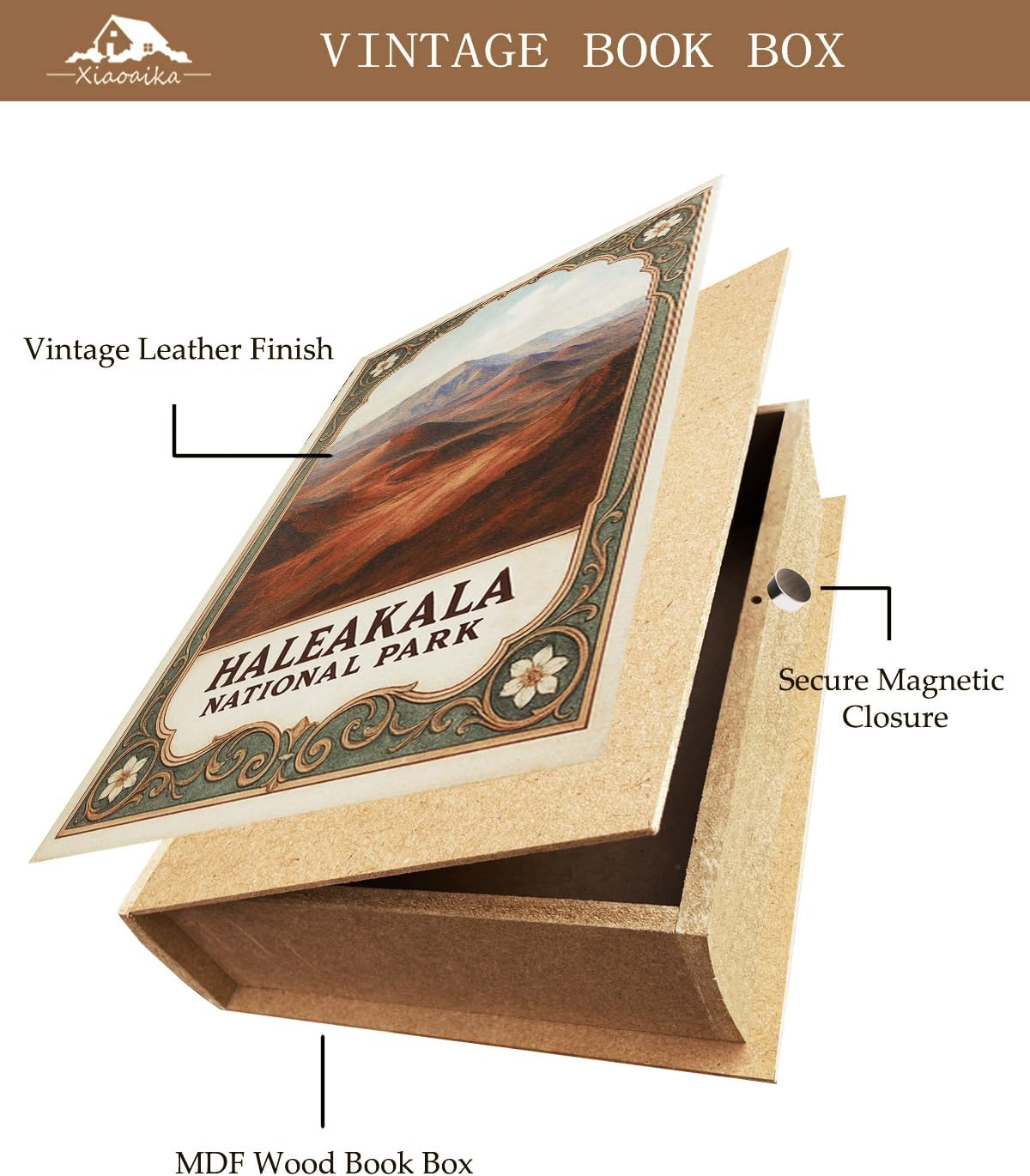 Decorative Wooden Book Box - Vintage Faux Book Boxes with National Park Design, Secret Storage with Magnetic Closure, Leather Cover, Perfect for Home Office Bookshelf (1 X Haleakala) image number 6