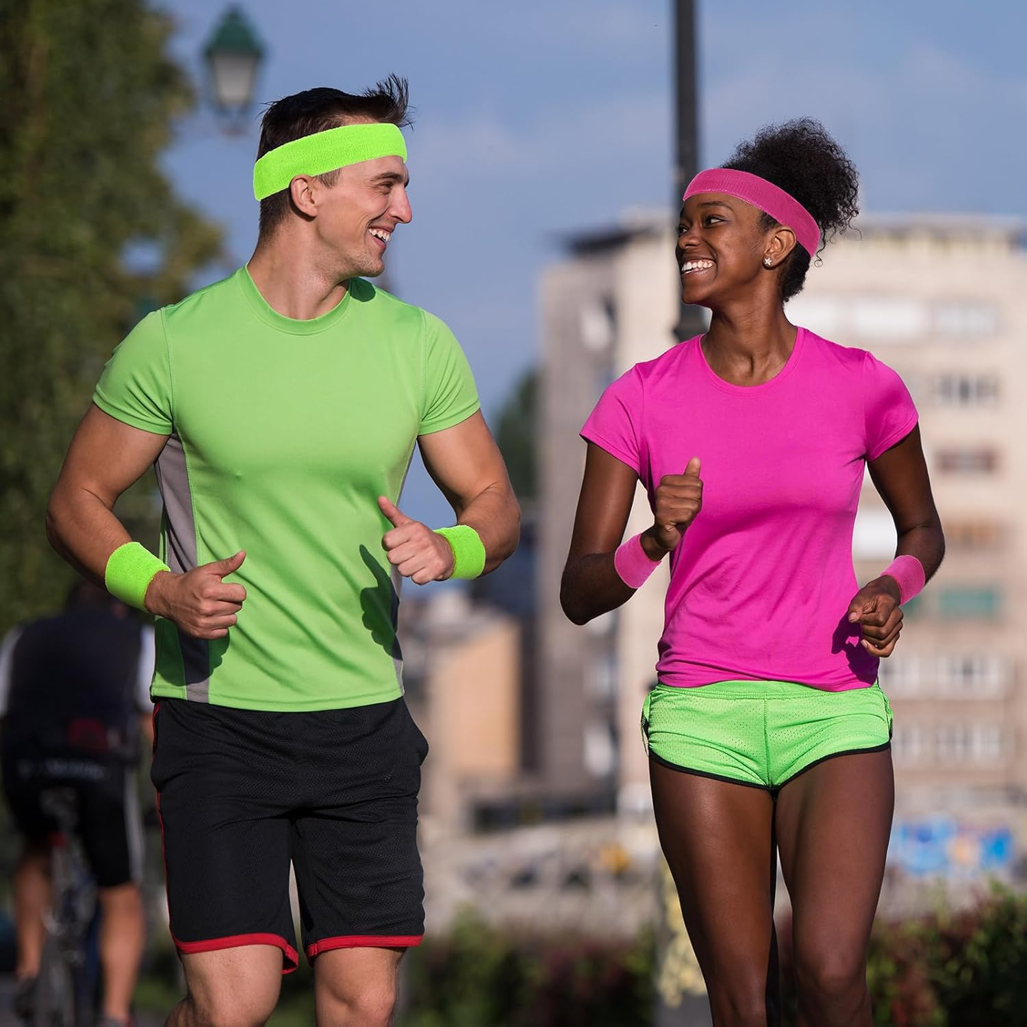 24 Pieces 80S Neon Sweatbands Set, Include 8 Sports Headbands and 16 Sweat Wristbands Elastic Athletic Tennis Sweat Bands Bulk for Man Woman image number 3