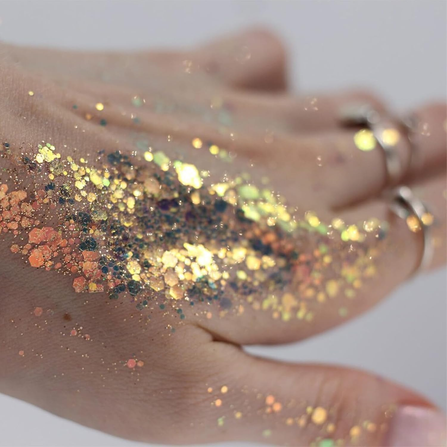 Ovaletta 12 Colours Glitter Powder for Crafts, Face, Nails, Body, Slime, Nails, Birthday Party - 12 Grams (0.066 Kg) - Hexagonal - Assorted Rainbow Colours (Red, Pink, Blue, Green, Gold, Purple) - Gold image number 5