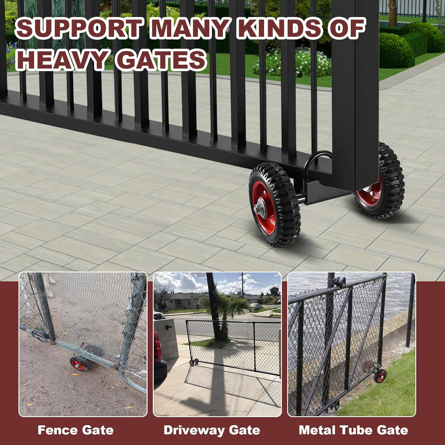 Soiiw Rolling Gate 6 Inch Rubber Wheel Carrier Heavy Duty for Driveway Chain Link Fence Metal Tube Gates and Rolling/Sliding Gates 550Lb Capacity,1-Pack (6 Inch-2 Wheel(One U-Bolt 2Inch)) image number 1