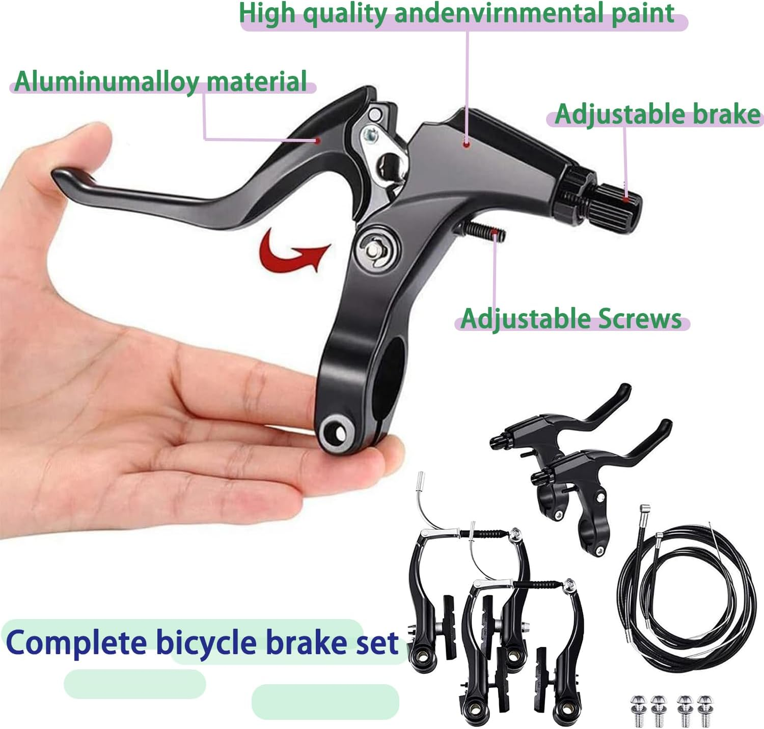 Roczential Brake Set for Mountain Road Bikes Front and Rear 70Cm 170Cm Cable Aluminium Alloy V Brake Kit with Levers Cables Pads Full Replacement System image number 2