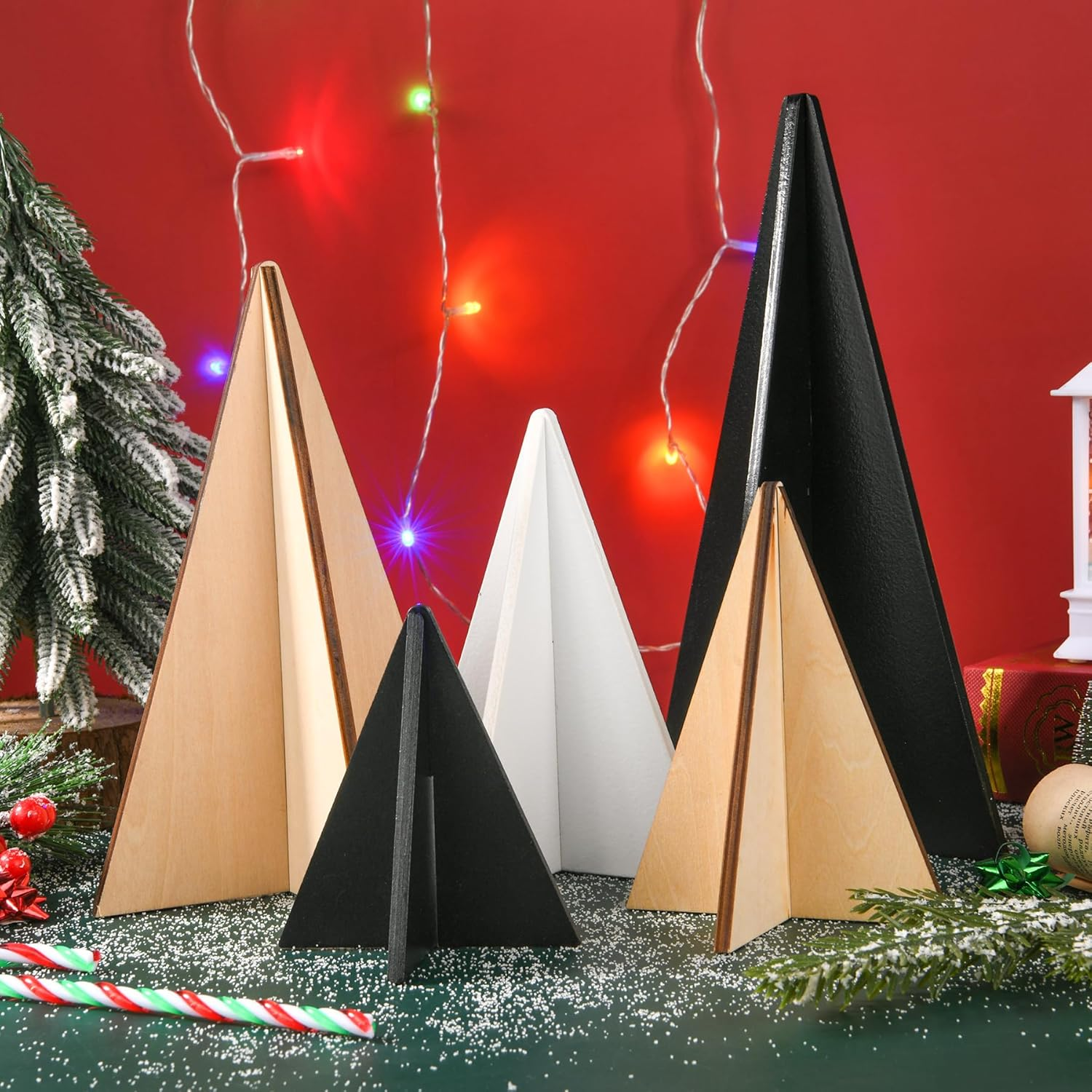 5Pcs Christmas Wooden Tree Decor 3D Farmhouse Christmas Tree Tabletop Ornaments Sanding Wooden Xmas Centerpiece for Home Office Indoor Tiered Tray Christmas Decoration