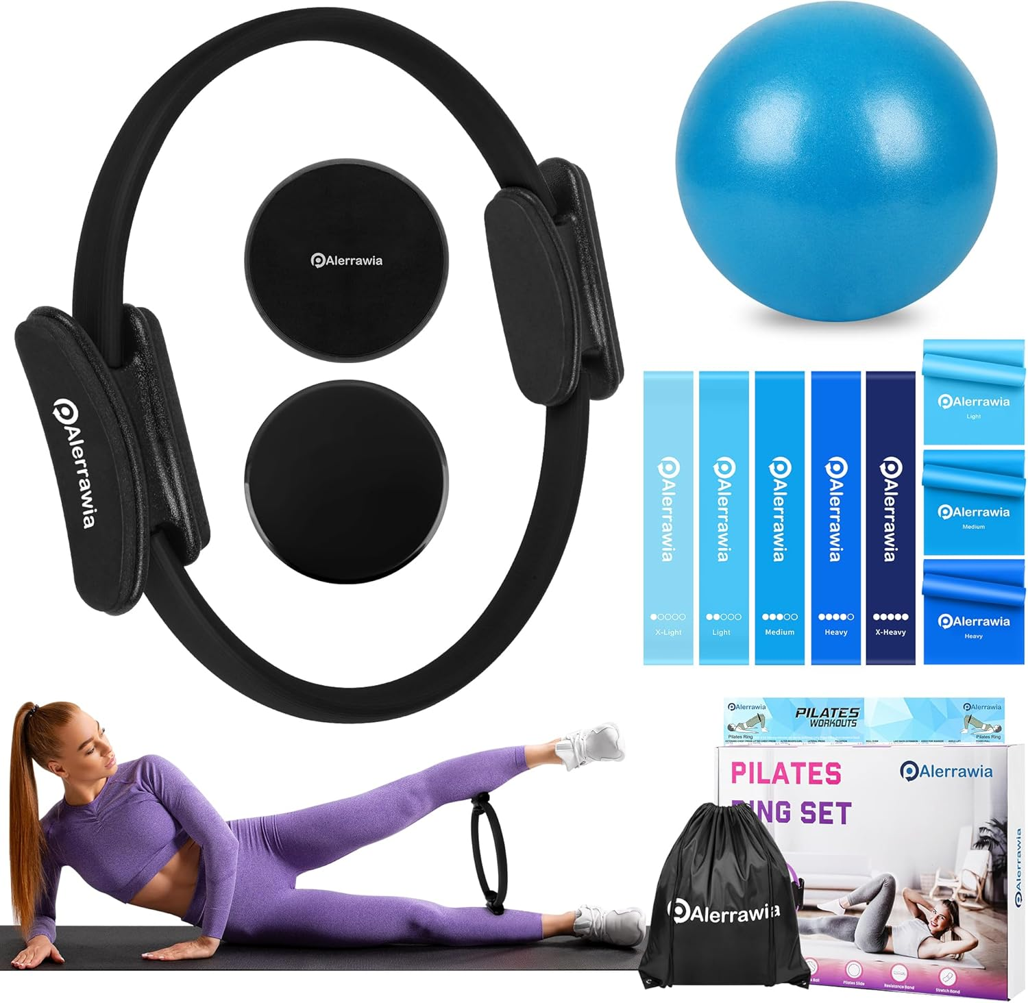 Alerrawia Pilates Ring Set-For Home Exercise - Anti-Deformation Magic Circle with Padded Handles.Sliding Disc.Resistance Bands 8-Piece Set,Ball. Guide & Bag