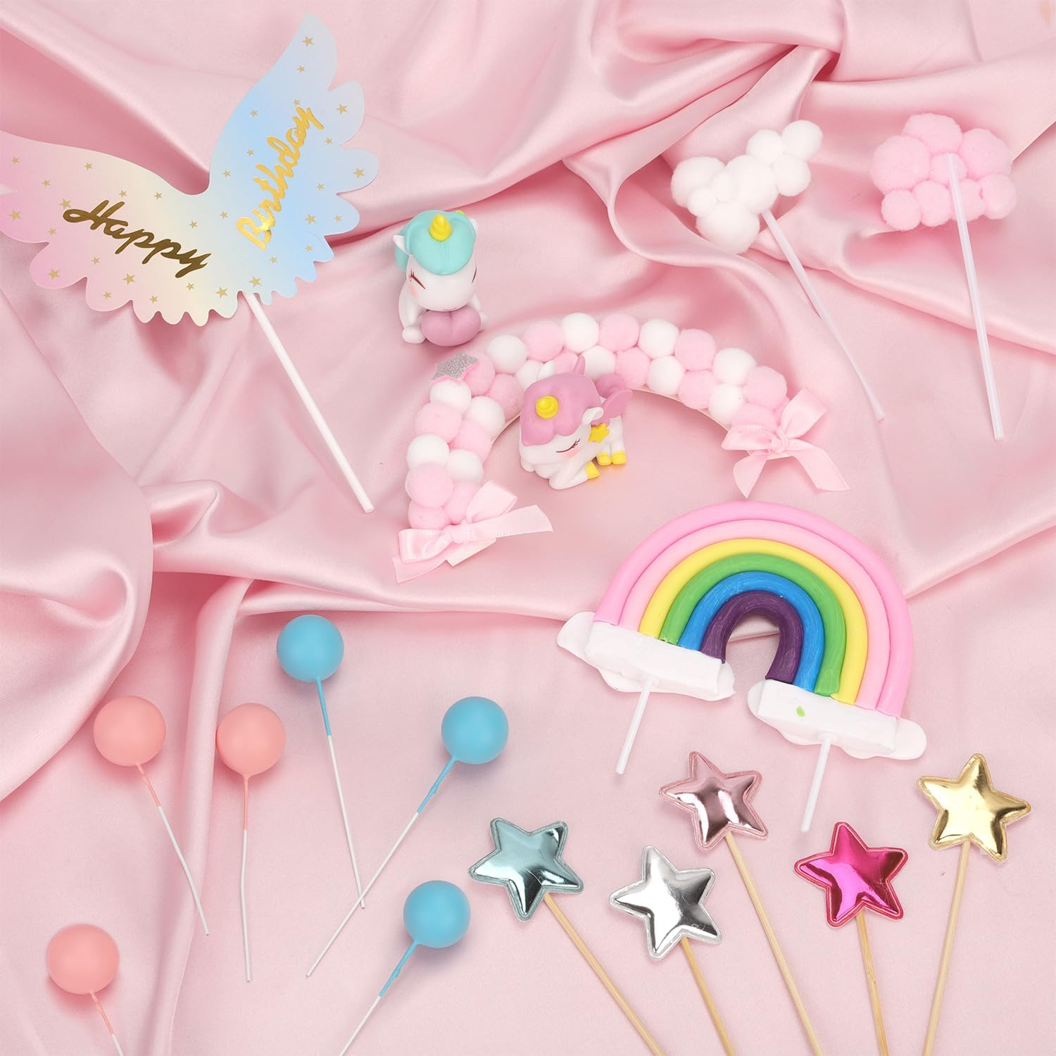 20Pcs Cake Decorations, Unicorn Rainbow Cake Decorations Rainbow Star Unicorn Ball Happy Birthday Cake Decoration for Boys Girls Children Birthday Party Baby Shower Supplies