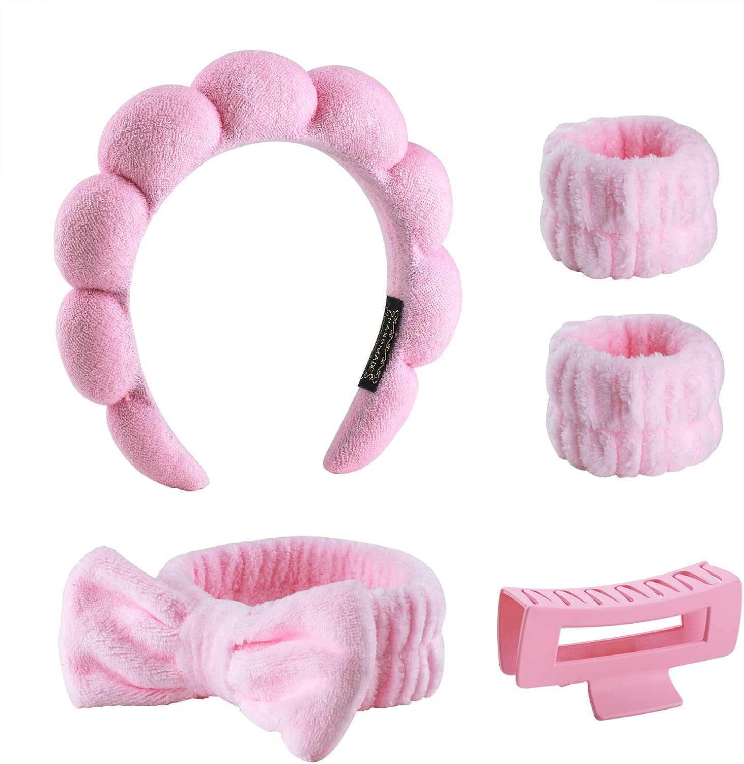 5-Piece Spa Facial & Hair Care Set &ndash; Pink Hair Clips, Terry Cloth Headband, Wristband, Elastic Band & Plush Sponge Makeup Headband image number 3