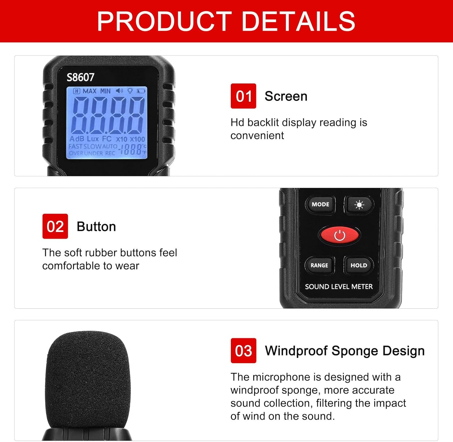 Decibel Meter, Digital Sound Level Meter with 30 to 130 DBA Range, Data Hold, Backlit LCD Display, Portable SPL Meter S8607, Sensitive and Accurate, for Classroom and Workshop image number 1