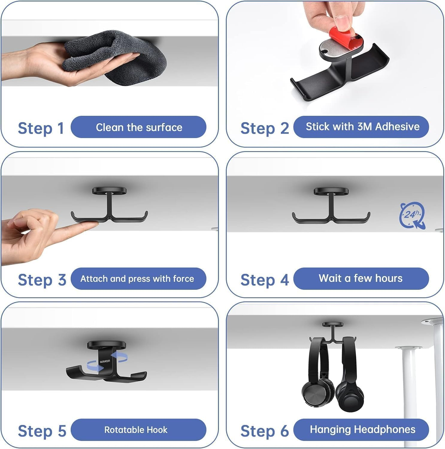 Fokmuaex under Desk Headphone Hook - Heavy Duty Dual Headset Stand with Adhesive & Screw Mounting, Space Saving Organizer for Gaming Headphones in Home Office/Gaming Cafe（1 Pcs） image number 3