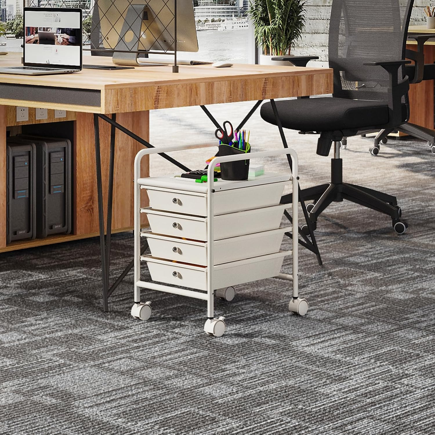 Shrivee 4-Tier Rolling Drawer Trolley with 2 Lockable Wheels, Sturdy Utility Storage Cart for Kitchen Bathroom Office, Ivory White image number 1