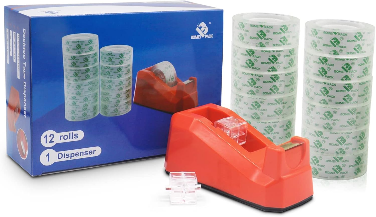 12 Rolls Clear Tape Refills with Desktop Dispenser, 18Mm X 33M, Transparent Tape Ideal for Gift Wrapping,Home,Office,Bomei PACK image number 1