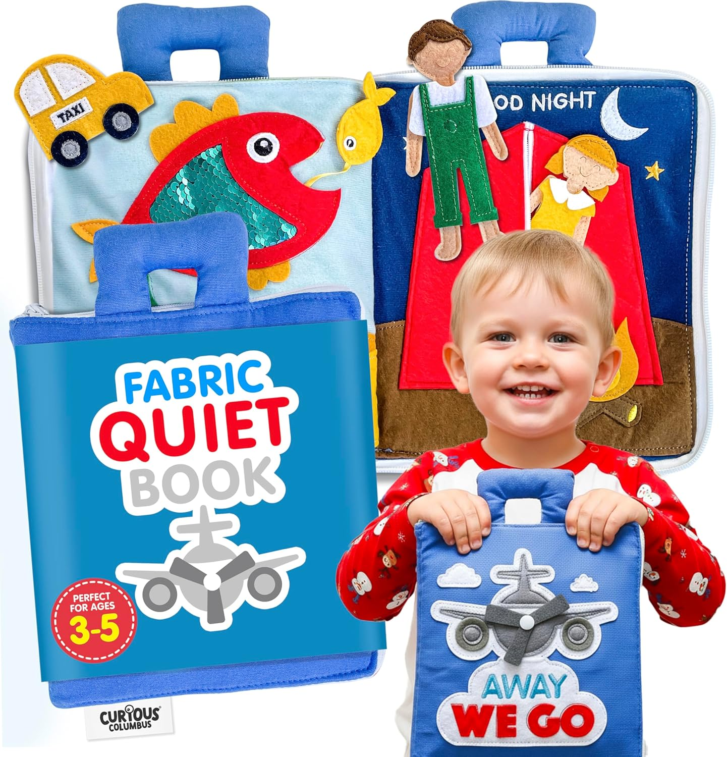 Curious Columbus Quiet Book for Toddlers. Away We Go Large Educational Preschool Fabric Montessori Activity Book with 10 Pages for Learning and Quiet Play, Airplane and Road Trip Travel Toy Essentials image number 4