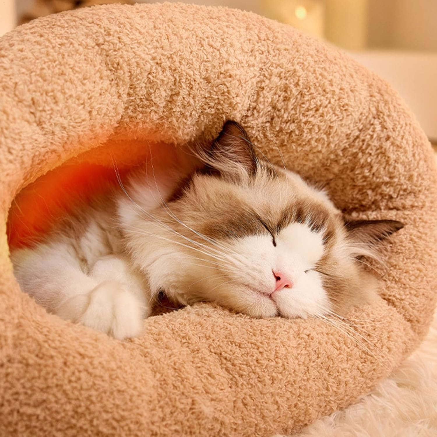 Winter Cat Sleeping Bag, for Cats, Dog, Cat, Winter Warm Sleeping Bag, Plush Soft Pet Bed, Comfort Bed, 360&deg;Wrap Comfortable Pet Snuggle Sack (Bej, Medium) image number 3