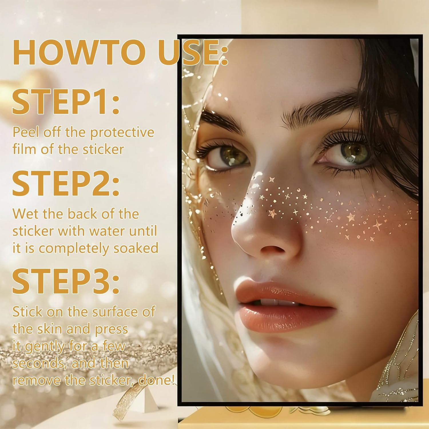 Luzcauwy 6Pcs Glitter Freckles Face Tattoo &ndash; Gold Speckles Makeup Patches for Festival, Cosplay, Photo Shoots & Parties, Easy to Apply Temporary Face Stickers image number 2