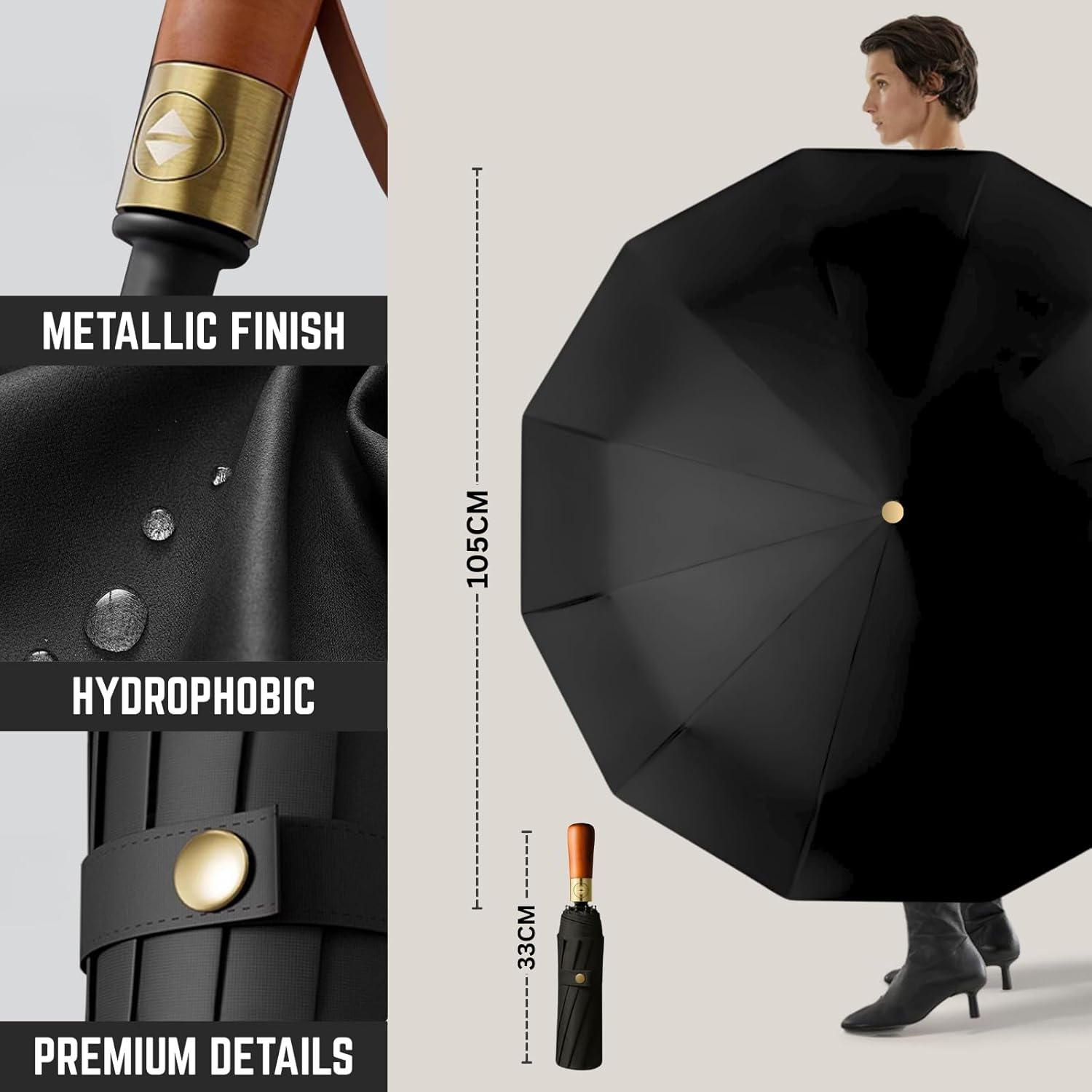Windproof 12-Rib Auto-Opening Umbrella with Wooden Handle &ndash; Compact Folding Umbrella for Travel, Strong Rain and Sun Protection, UPF UV, Large Portable Golf Beach Parasol image number 6