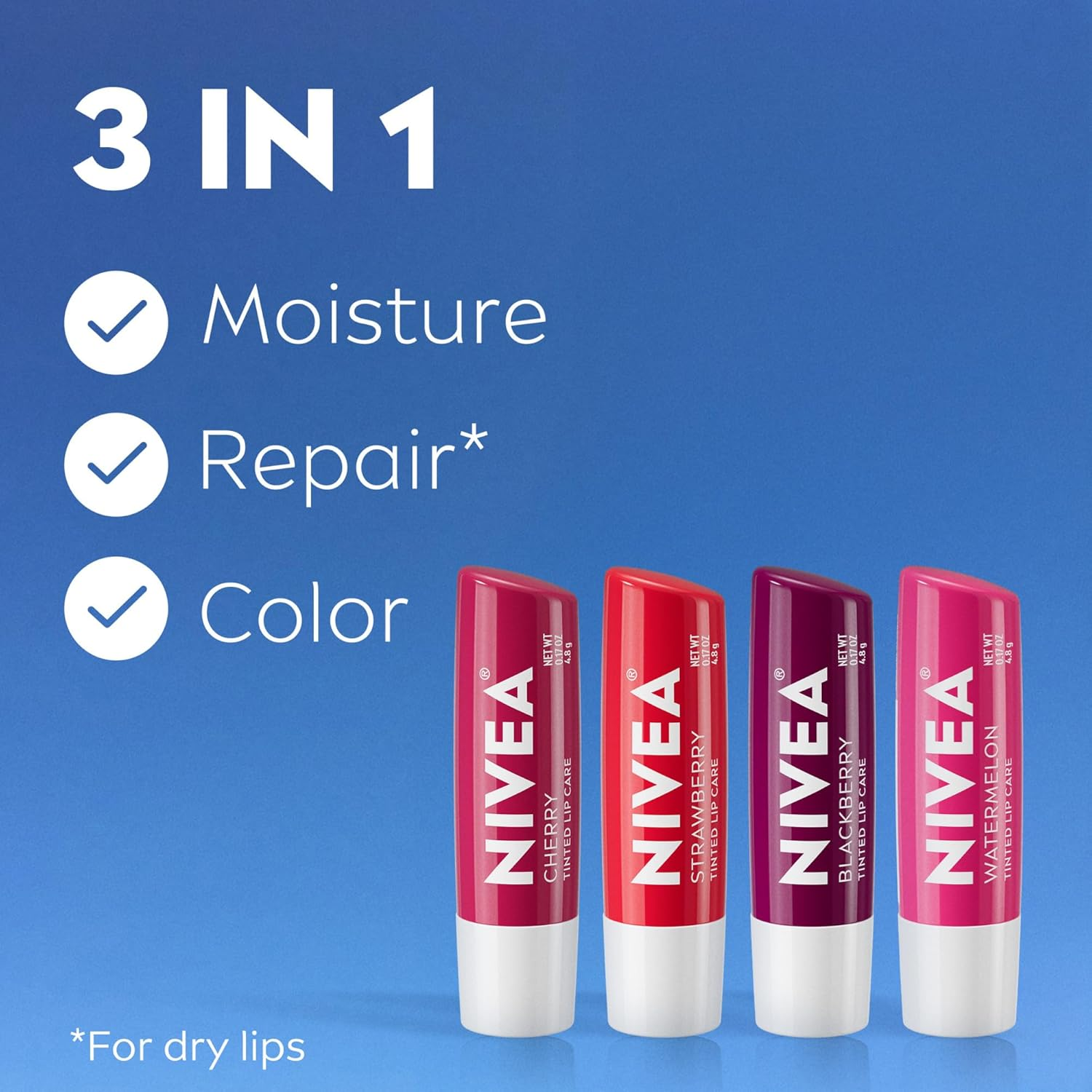 NIVEA Lip Care, Fruity Tinted Lip Balm Variety Pack, Cherry, Strawberry, Blackberry and Watermelon Flavors, 3-In-1 Moisture, Repair and Color, 0.17 Oz Stick, Pack of 4 image number 6