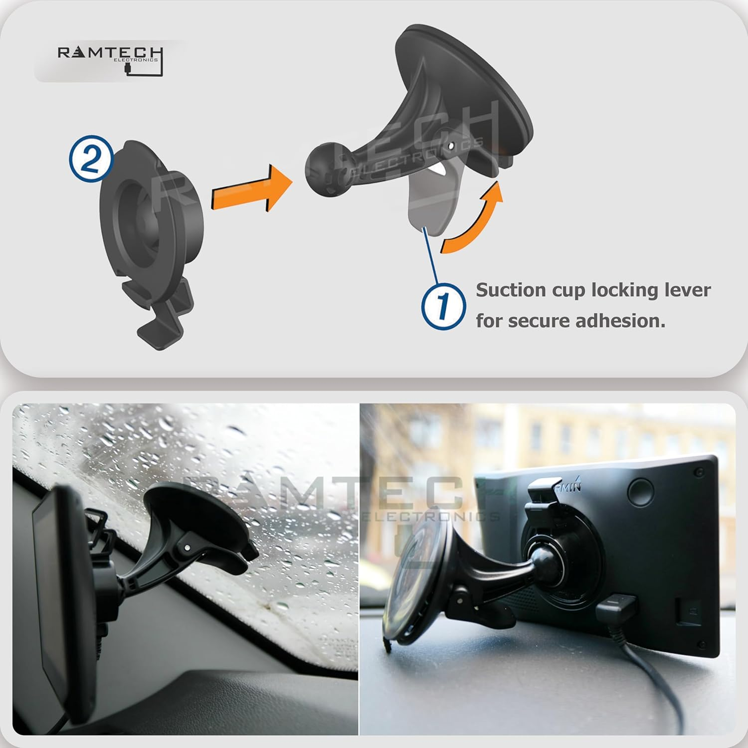 Ramtech Car Windshield Suction Cup GPS Mount with Bracket, Compatible with Garmin Dezl 570LMT 580 LMT-S, OTR500, OTR610, OTR620, OTR700, OTR710, OTR720 Truck GPS, RV 770 LMT-S, RV 780, SCR image number 1