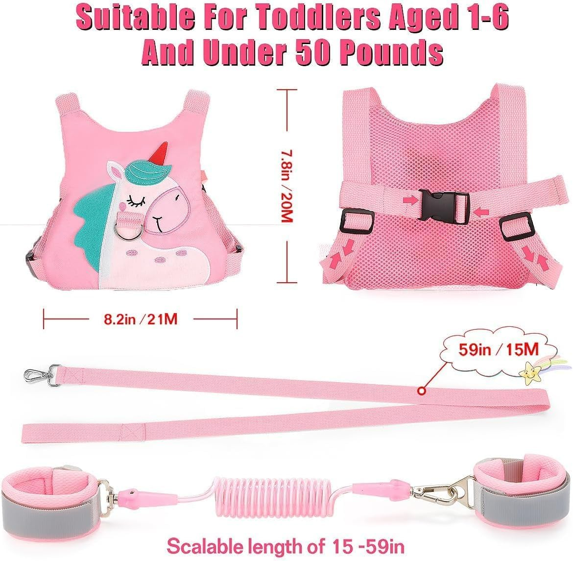 3 in 1 Toddler Harness Leash + Baby anti Lost Wrist Link, Cute Pattern Child Safety Harness Tether, Kids Walking Wristband Assistant Strap Belt for Parent Girls Outdoor Activity (Pink)