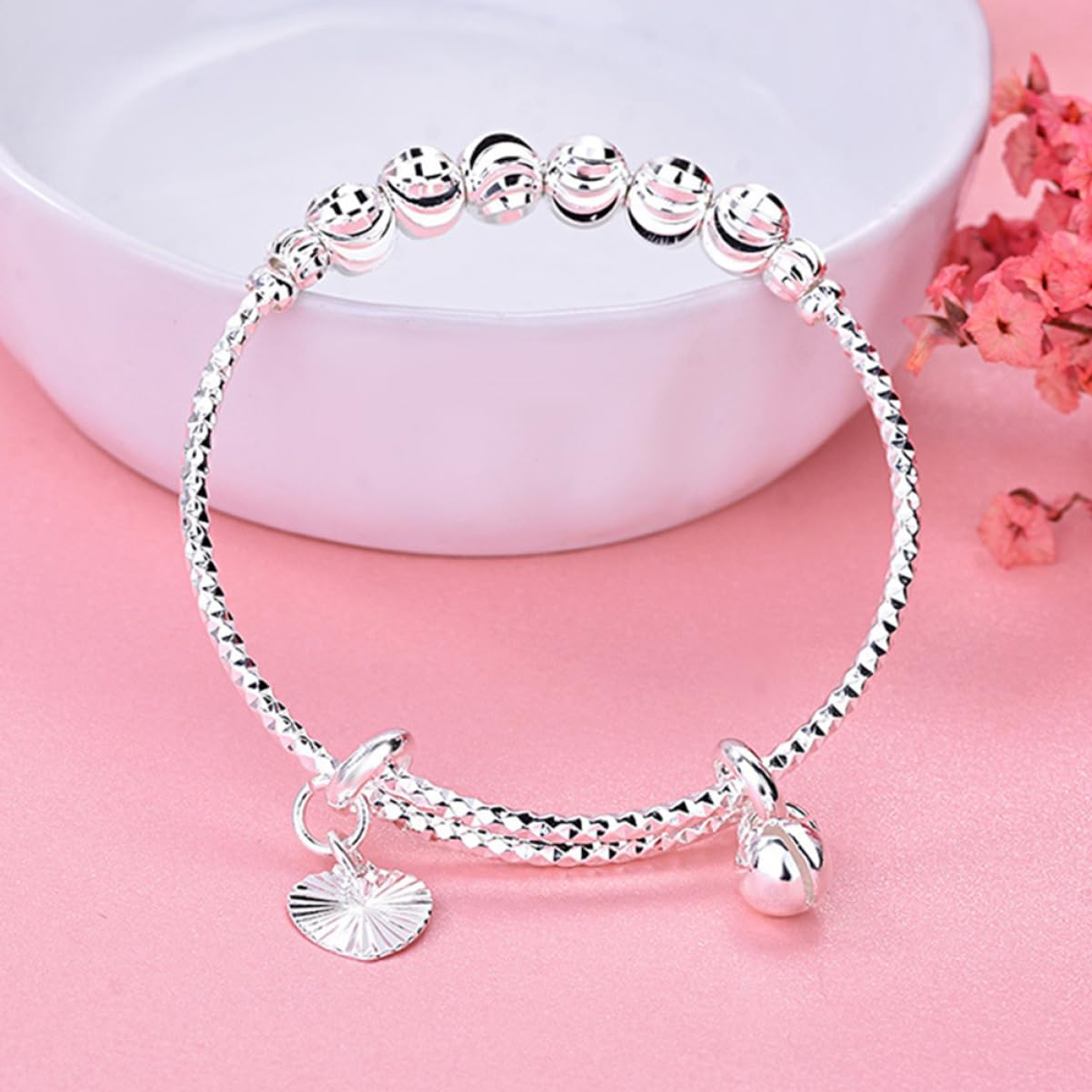 Garneck 2Pcs Silver Bangles for Girls Adjustable Infant Bracelets Bells Toddler Jewelry for Newborns Cute Baby Accessories
