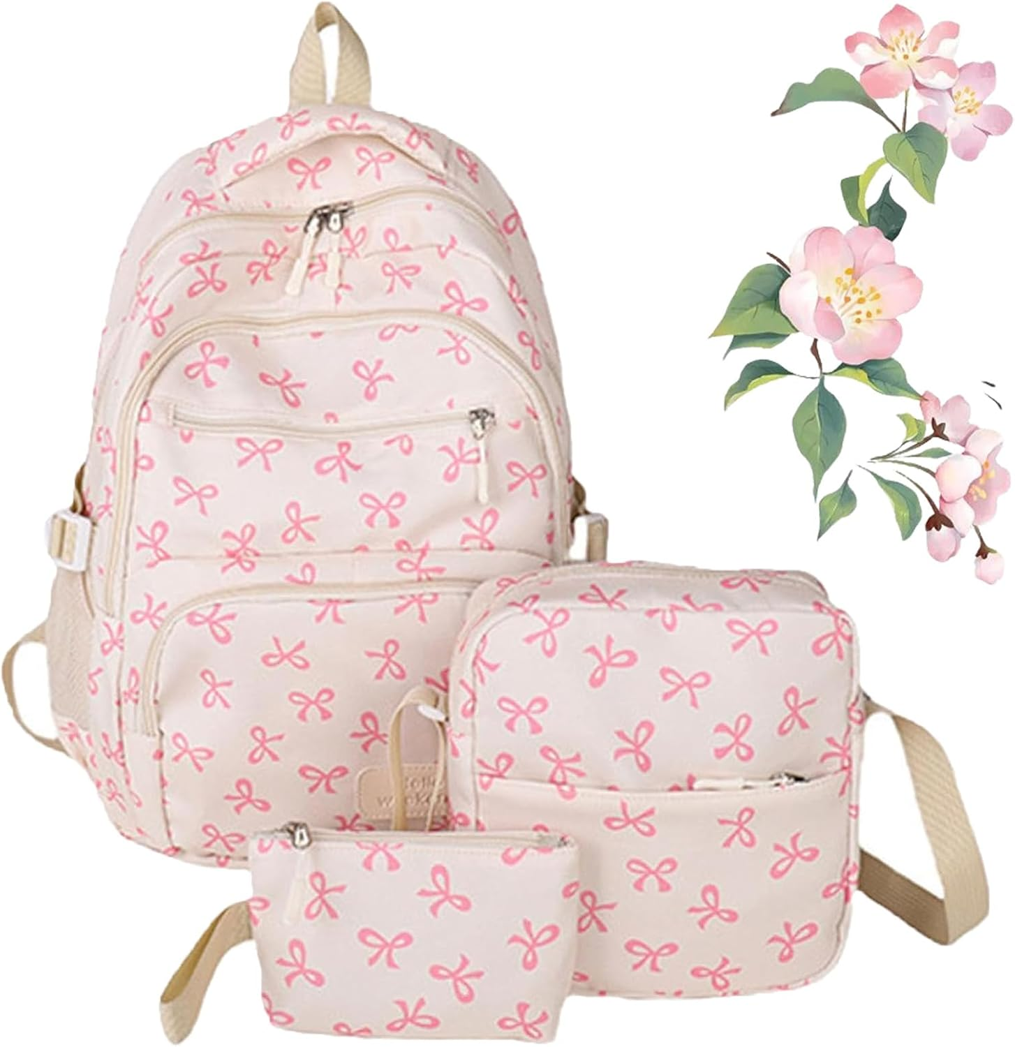 3Pcs Set Bow Backpack for Girls, Pink Bow Backpack, College Style Large Capacity Nylon Bow Bookbag Set