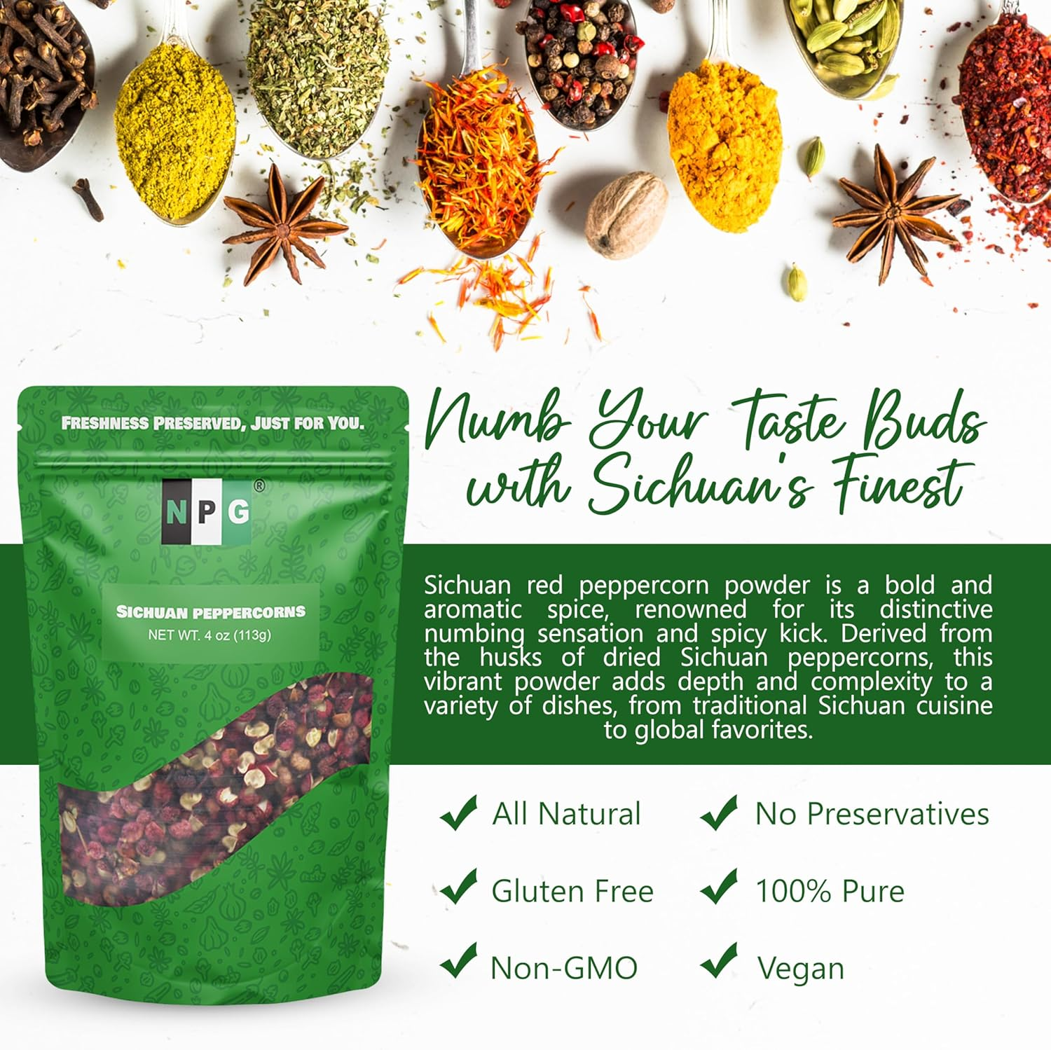 NPG Premium Szechuan Red Peppercorns Sichuan Whole Peppercorns 4 Ounces, a Mouth-Numbing Spice, Red Sichuan Peppers for Kung Pao Chicken, Mapo Tofu, and Chinese Cuisine image number 1