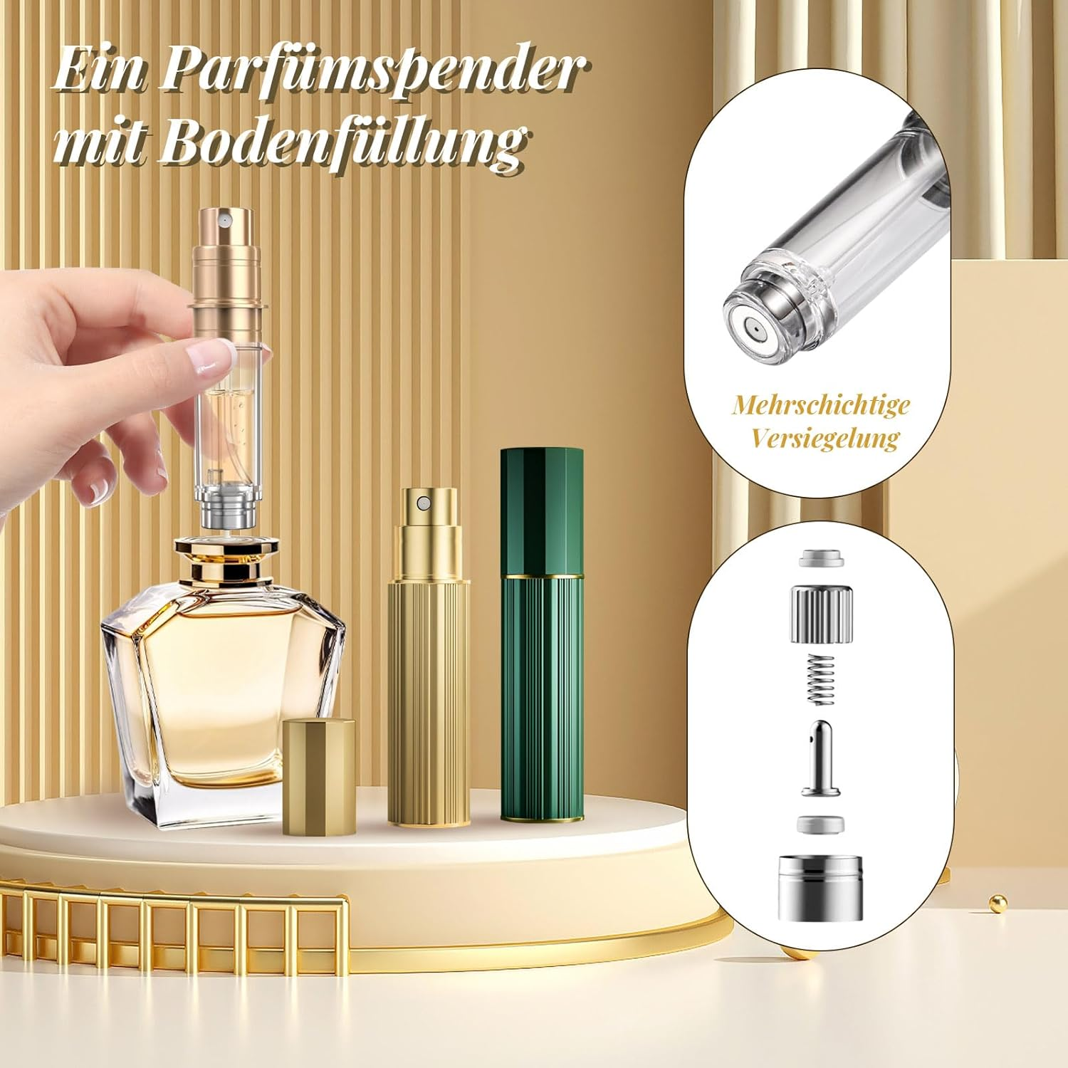 JOOMOKO Perfume Filler 10 Ml Perfume Atomiser Refillable Empty Perfume Bottles Perfume Atomiser for Travel, Perfume Travel Atomiser Perfume Bottles Atomiser for Women Men (Gold & Green) image number 4