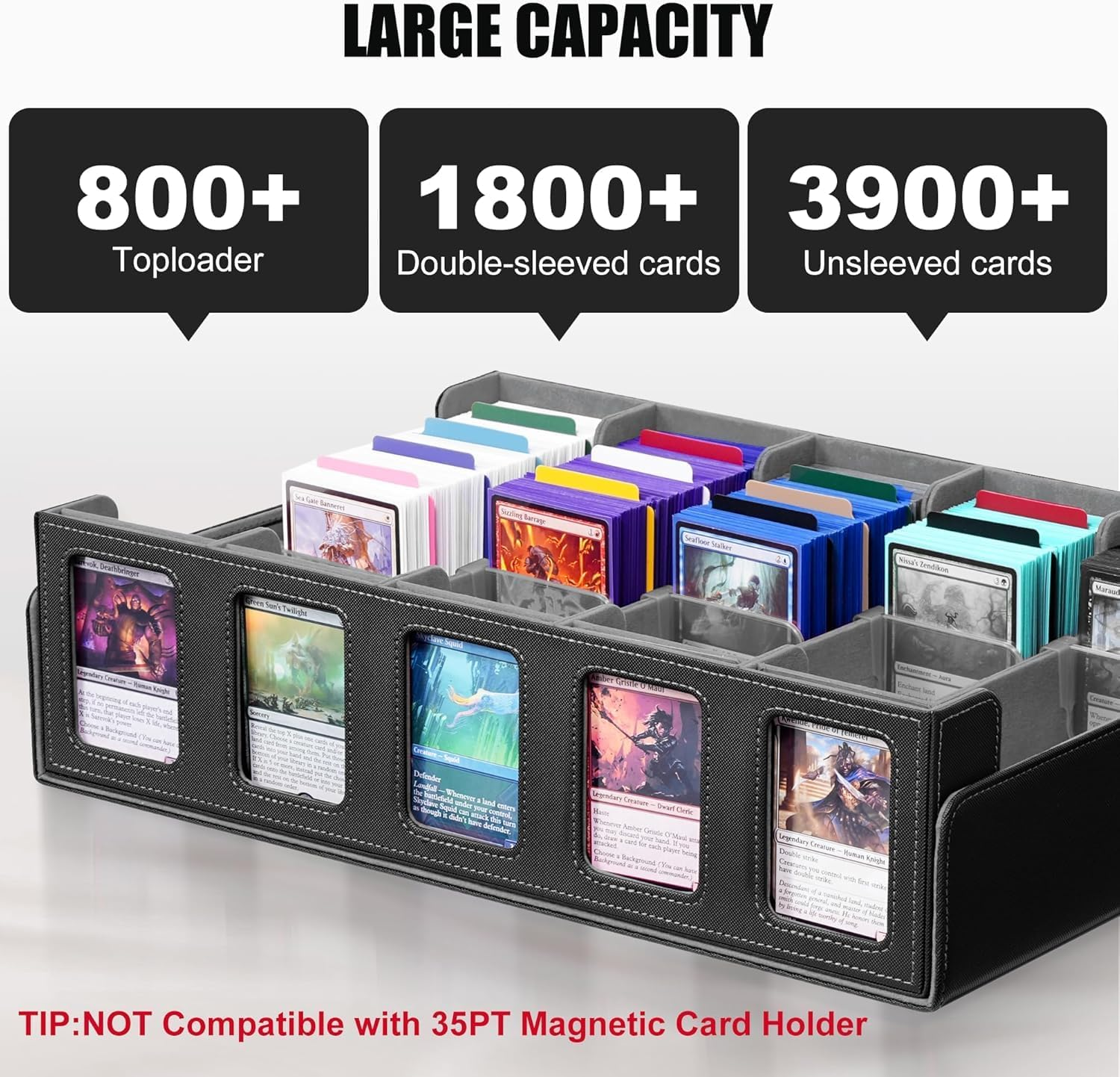 Cyperever Trading Card Storage Box with Commander Display, 5-Row Deck Case with Removable Lid; 3900+ Card Deck Box for MTG TCG Sports Cards, 5 Toploaders, 5 Stoppers, 48 Dividers,1 Dice Tray (Black) image number 3