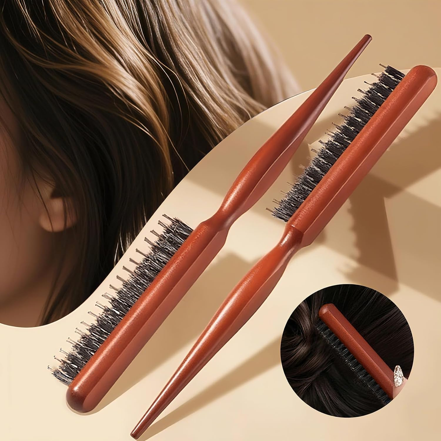Teasing Hair Brush Boar Bristle, Wooden Hair Brush for Straight, Curly, Thick or Damaged Hair, Perfect for Sleek Buns and Styling, Boar Bristle Brush, Pack of 2 image number 2