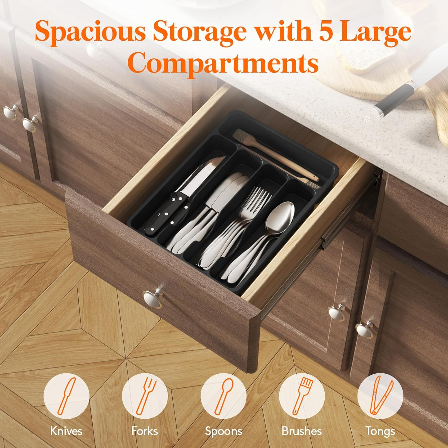Lifewit Silverware Drawer Organizer Tray, Plastic Cutlery Storage for Kitchen Drawer, Flatware and Utensil Holder Divider for Spoons Forks Knives Tableware, 5 Compartment, Black image number 3