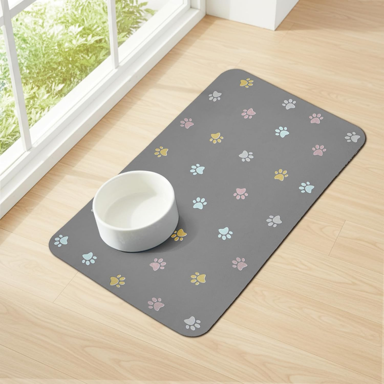 Cat Food Mat Absorbent Dog Mat for Food and Water Non Slip Quick Dry Dog Bowl Mats for Floors 19" X 12" Paw Dark Gray