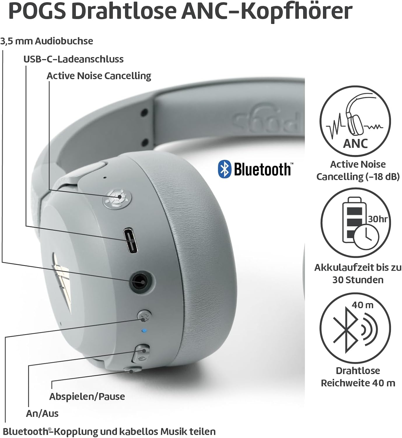 POGS Drahtloser Bluetooth Over-Ear Noise Cancelling-Kopfh&ouml;rer | the Turtle | Faltbarer Robuster Kopfh&ouml;rer | Lautst&auml;rkebegrenzung 85 Db, Mikrofon | Kabellose Musik-Sharing-Funktion (Grau) - Rosa image number 4