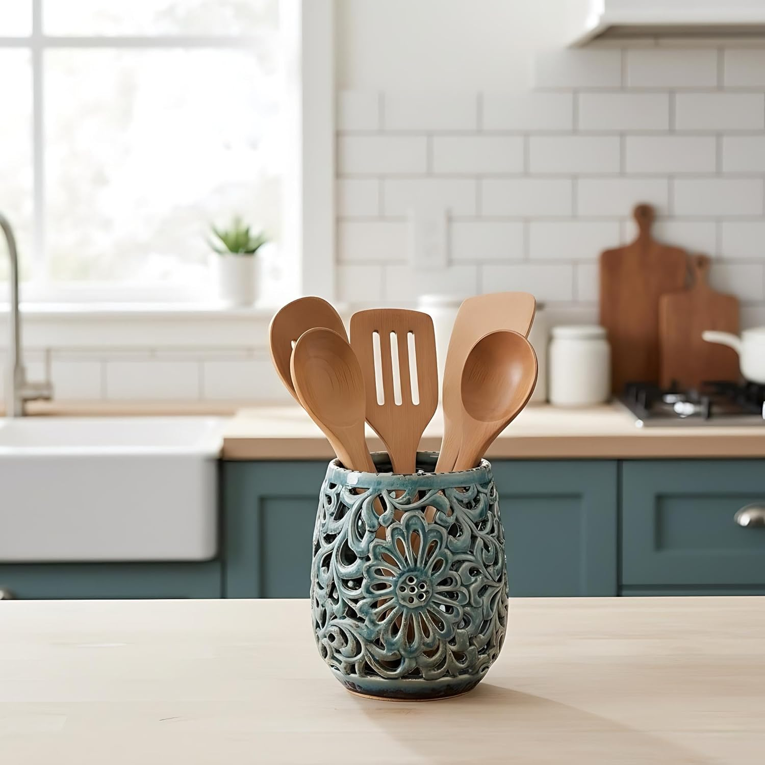 Farmhouse Kitchen Utensil Holder for Kitchen Counter, Ceramic Large Cooking Utensil Crock with Cork Mat, Countertop Cooking Tool Spatula Organizer, Antique Grayish Blue image number 5