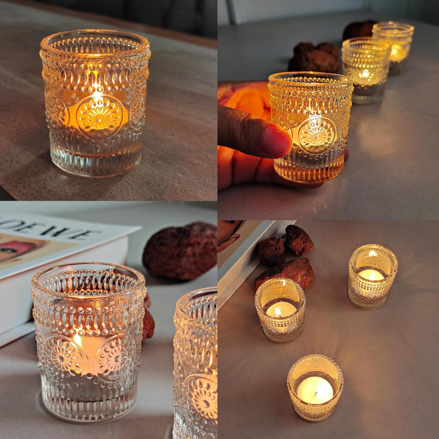 Set of 24 Clear Glass Votive Candle Holders, Tealight Candle Holders for Table Centerpieces, Relief Sunflower Shape, Wedding, Home, Bridal Shower, Birthday Party Table Decor (Clear) image number 5