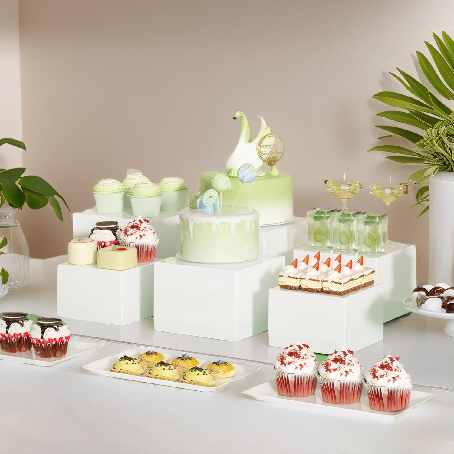 White Acrylic Display Risers Set of 6, Square Pedestal Stand for Perfume, Cake, Jewelry, Table Decor or Retail Showcase image number 4