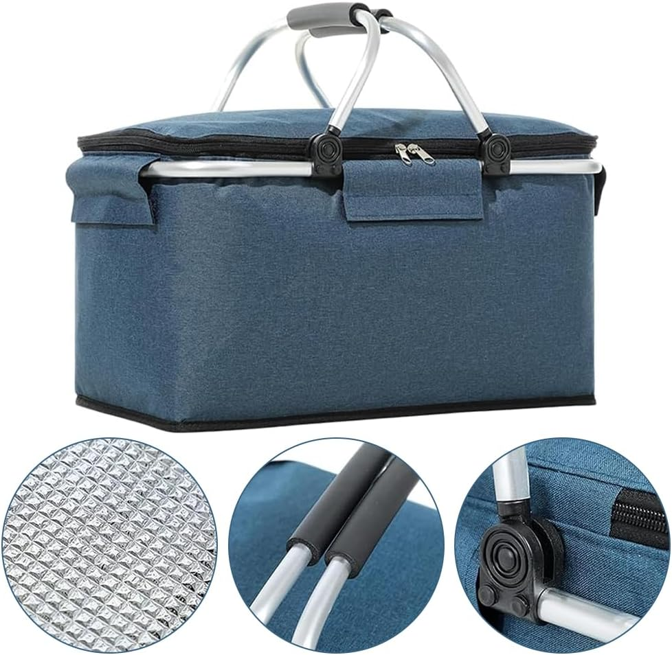 Insulated Picnic Basket Collapsible Picnic Basket with Lid Leak-Proof Cooler Bag for Picnic,Food Delivery,Take Outs,Market Shopping,Travel, Blue image number 6