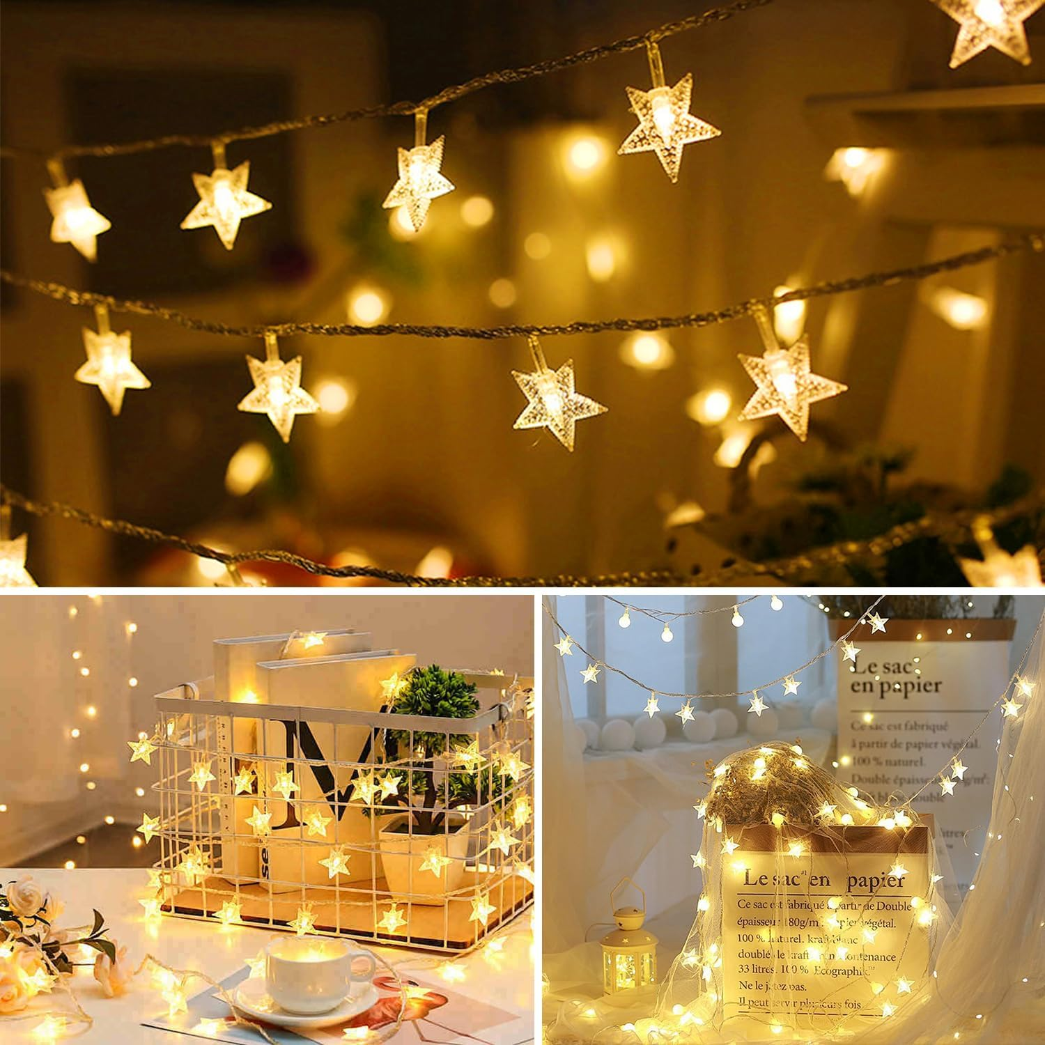 Fairy Lights,10M 80Leds Star String Lights Battery Operated - H HOME-MART Star Fairy String Lights, Waterproof for Indoor Bedroom Tent Loft Bed Patio Party Christmas Lights, Warm White image number 1