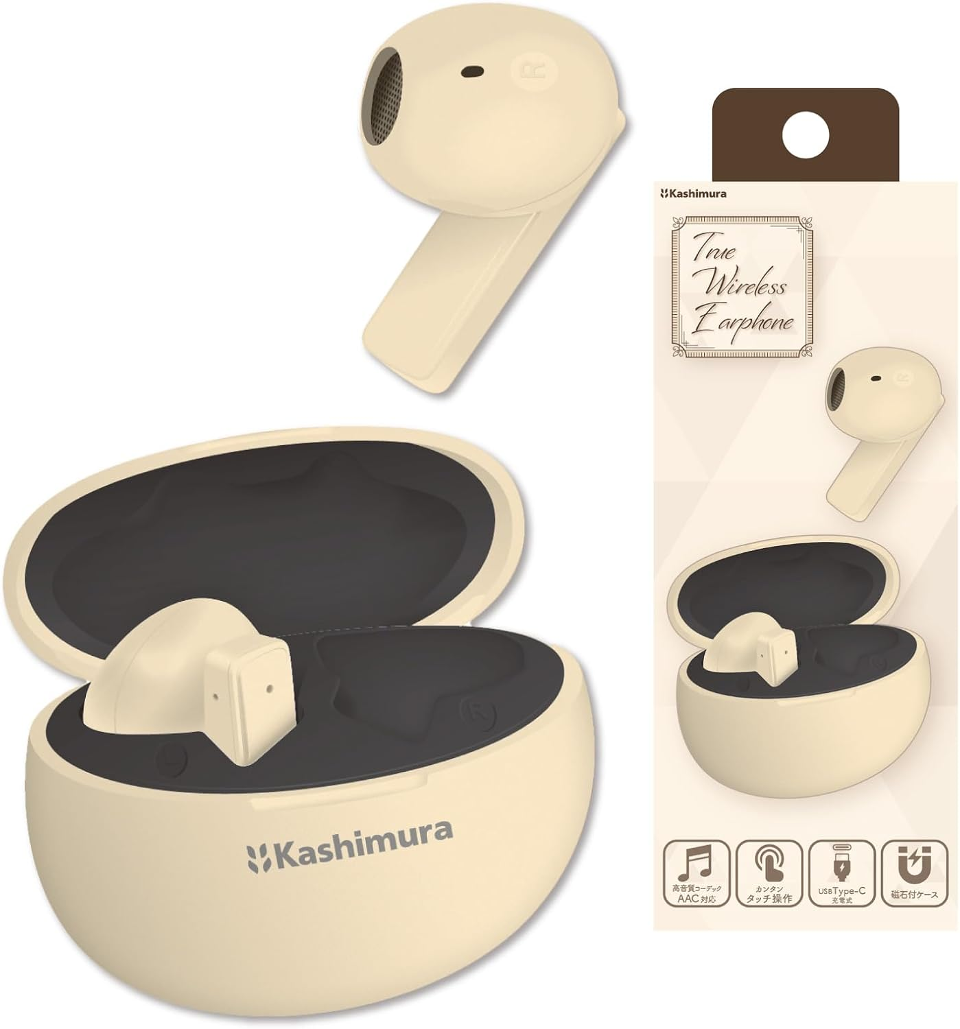 Kashimura NBL-133 Cute Pastel Colors! Easy to Enjoy Good Sound for Everyday Use, Completely Wireless Stereo Earphones, Pastel, Beige image number 5