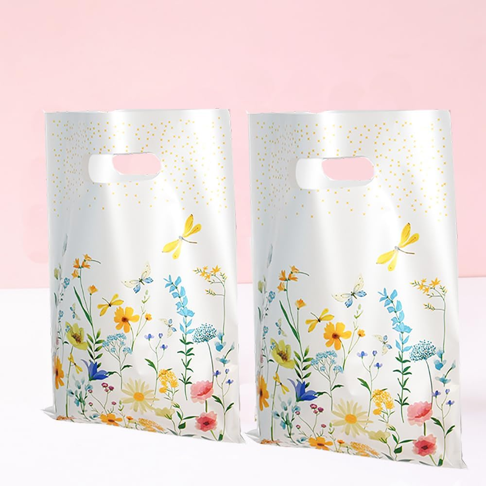 YJSPARKK 100 PCS Party Favor Bags,Goodie Candy Bags with Handles,Flower Pattern Plastic Small Gift Bag Bulk for Birthday,Baby Shower, Wedding, Thanksgiving,Christmas, New Years image number 3