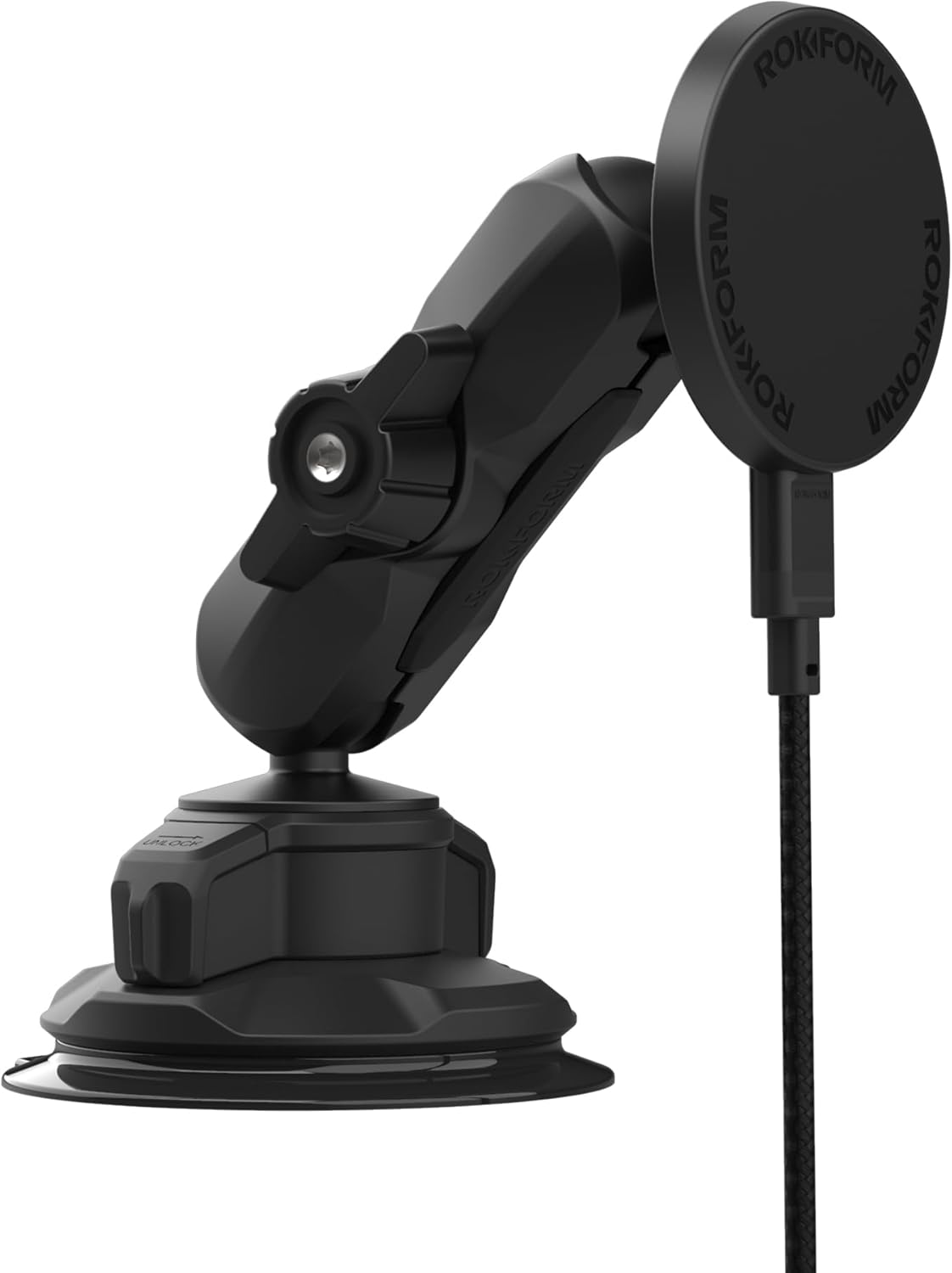 Rokform Wireless Car Charger, Magnetic Windshield Phone Mount, Twin Ball Adjustment 360&deg; Rotation, Compatible with Mag Safe Cases, Strong Suction Cup, USB-C to USB-C Cable Included (Black)
