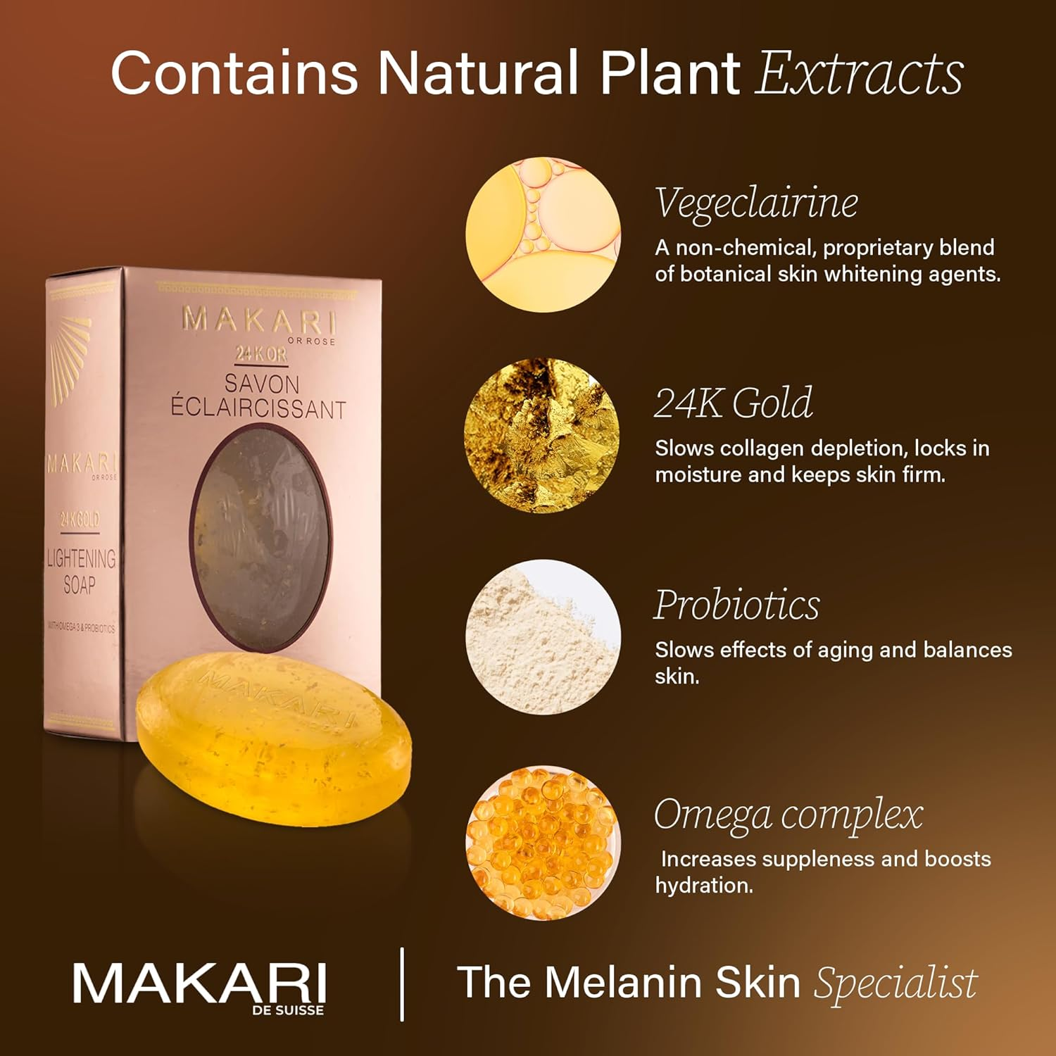 Makari 24K Gold Lightening Soap - with Omega 3 & Probiotic - Great for Removing Scars, Strech Marks, Dead Skin Cells and Rejuvenation Leaving the Skin Smooth image number 3