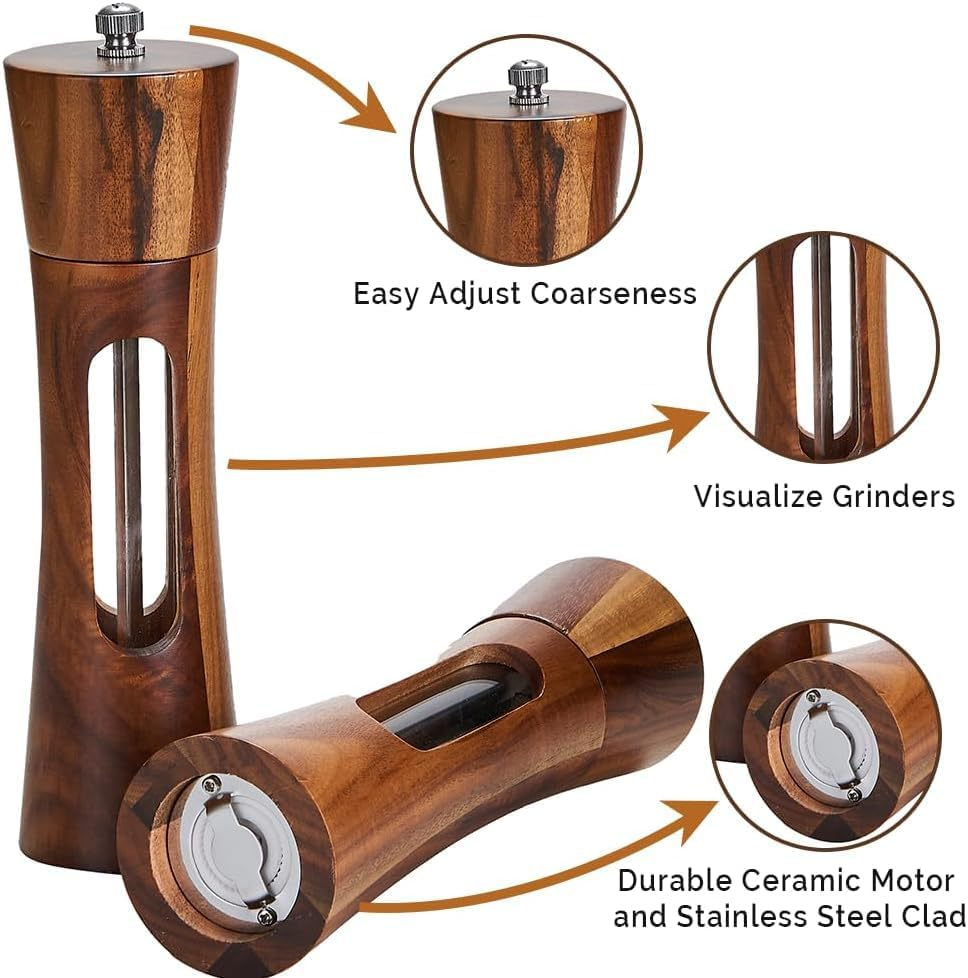 8 Inch Acacia Wooden Salt and Pepper Grinder Set with Tray, Manual Salt & Pepper Shakers with Adjustable Coarseness, Salt and Pepper Mills image number 6
