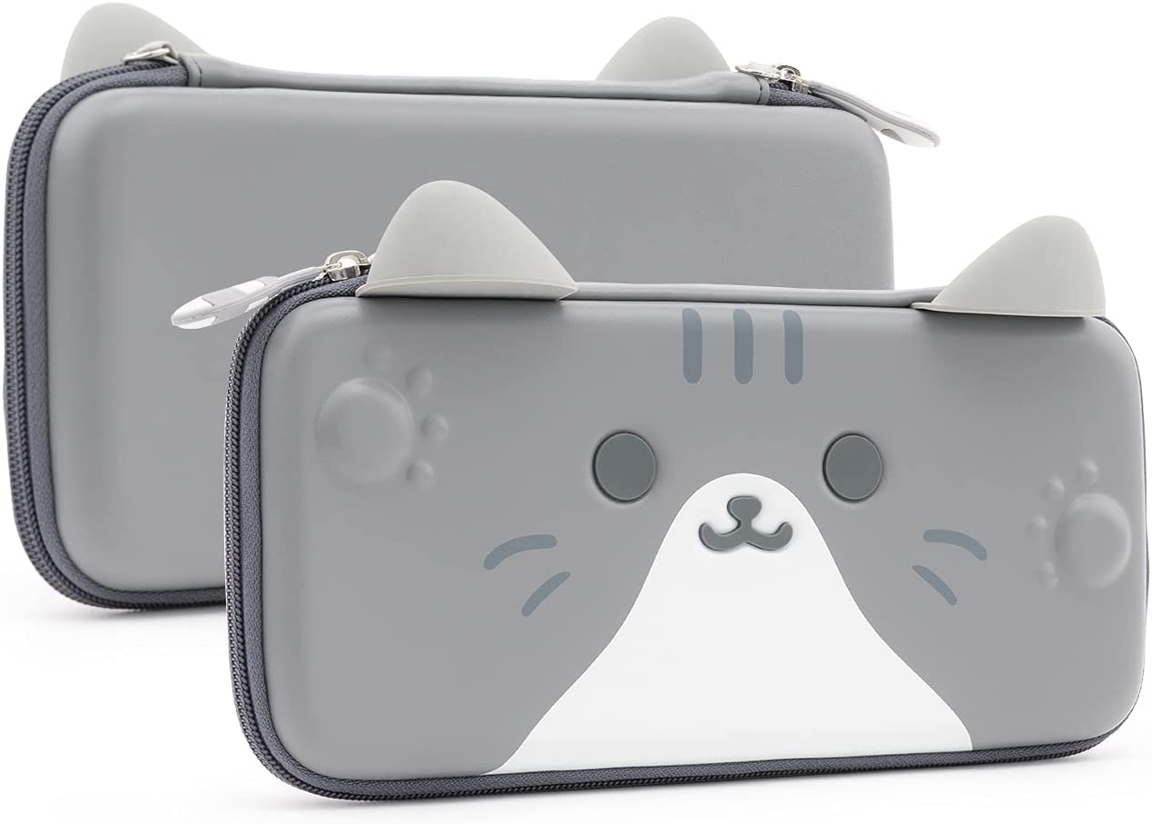 Geekshare Cat Ears Carry Case Compatible with Switch - Portable Hardshell Slim Travel Carrying Case Fit Switch Console & Game Accessories (Grey)