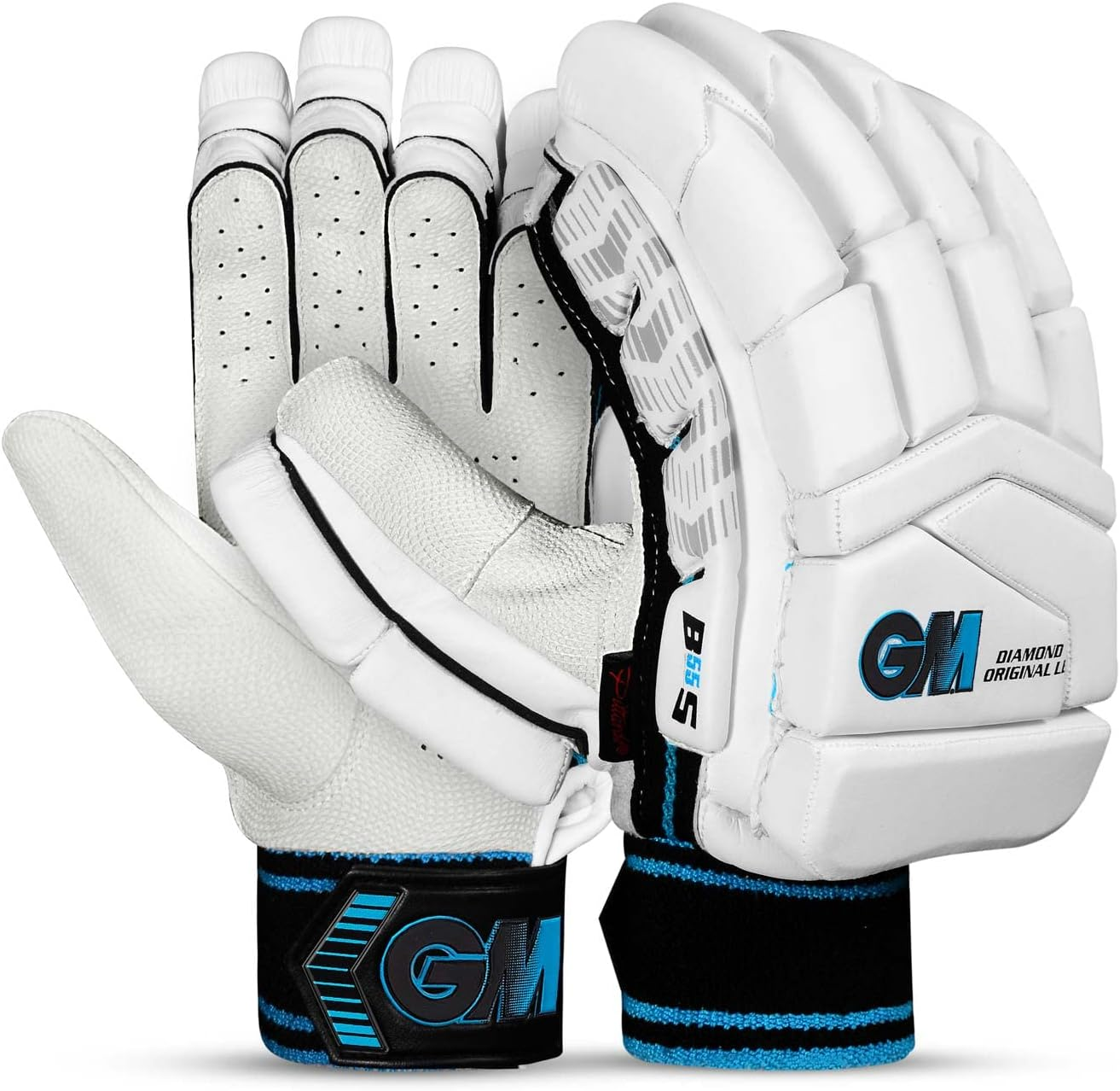 GM Diamond Original L.E Cricket Batting Gloves with English Pittard Leather Palm for Men Left Handed | Ergonomically Designed | Highest Protection | Utmost Comfort | Colour: White/Black/Blue image number 4
