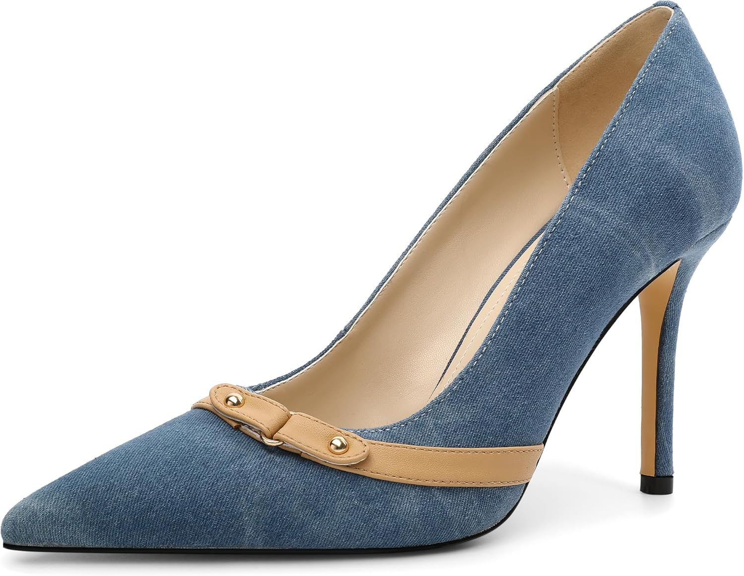 SAMMITOP Women Beaded Pumps Closed Pointed Toe High Heel Slip on Stilettos 3.5 Inch Sexy Heeled Dress Shoes Patent Leather