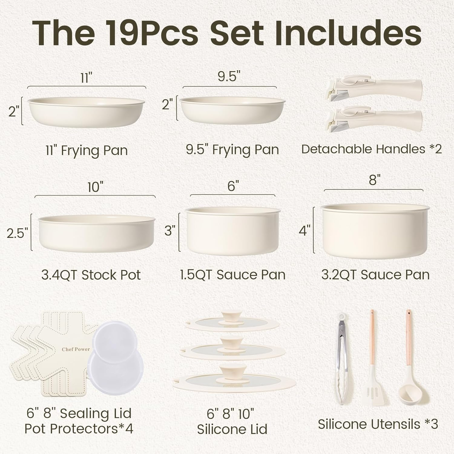 Chef Power Ceramic Nonstick Cookware Set 19 Piece with Detachable Handle, Induction Dishwasher Oven Safe Pans and Pots Set, RV Kicthen Set Removable Handle, Cream White image number 4